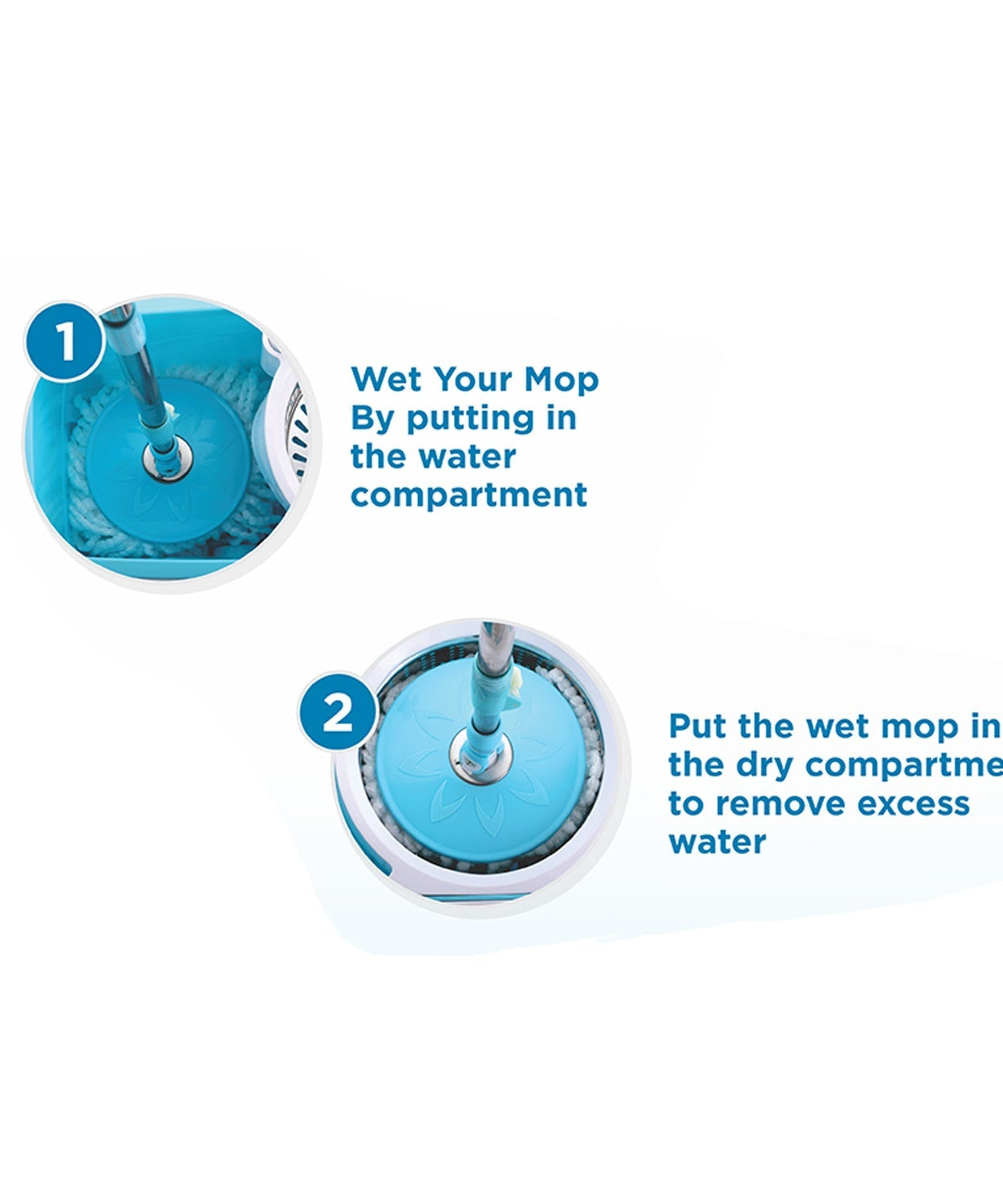 Spin mop with 360-degree cleaning, featuring bigger wheels and plastic auto-fold handle, different perspectives.