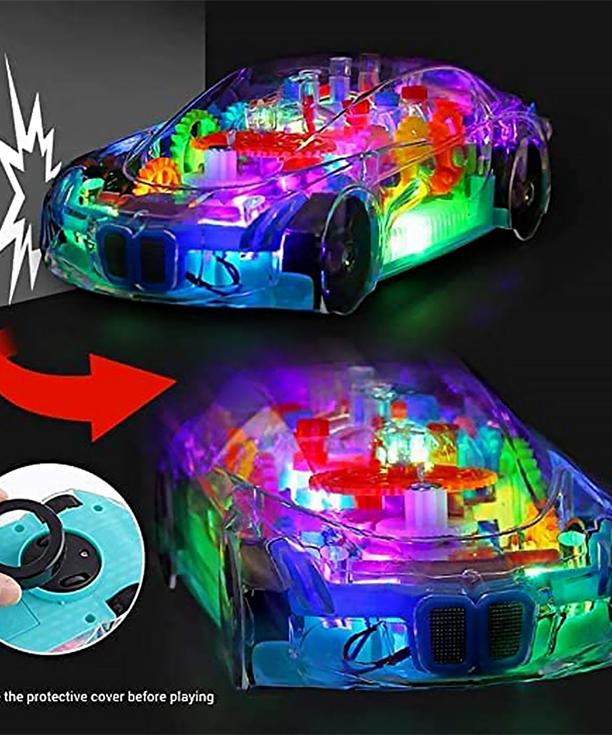 Automatic 360 Degree Rotating Transparent Gear Concept Car with Musical and 3D Flashing Lights Toy for Kids Boys & Girls (Multicolor / Battery Not Included)