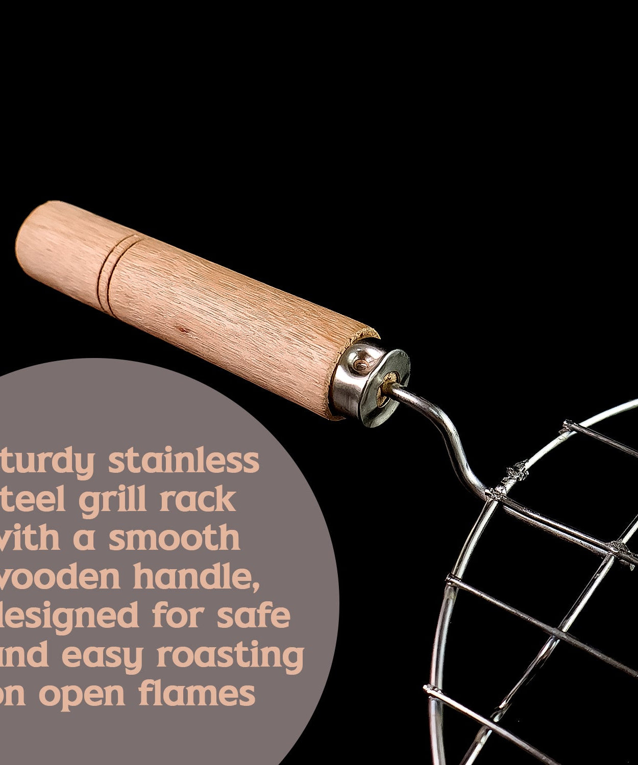 Kitchen Round Stainless Steel Roaster Papad Jali, Barbecue Grill with Wooden Handle