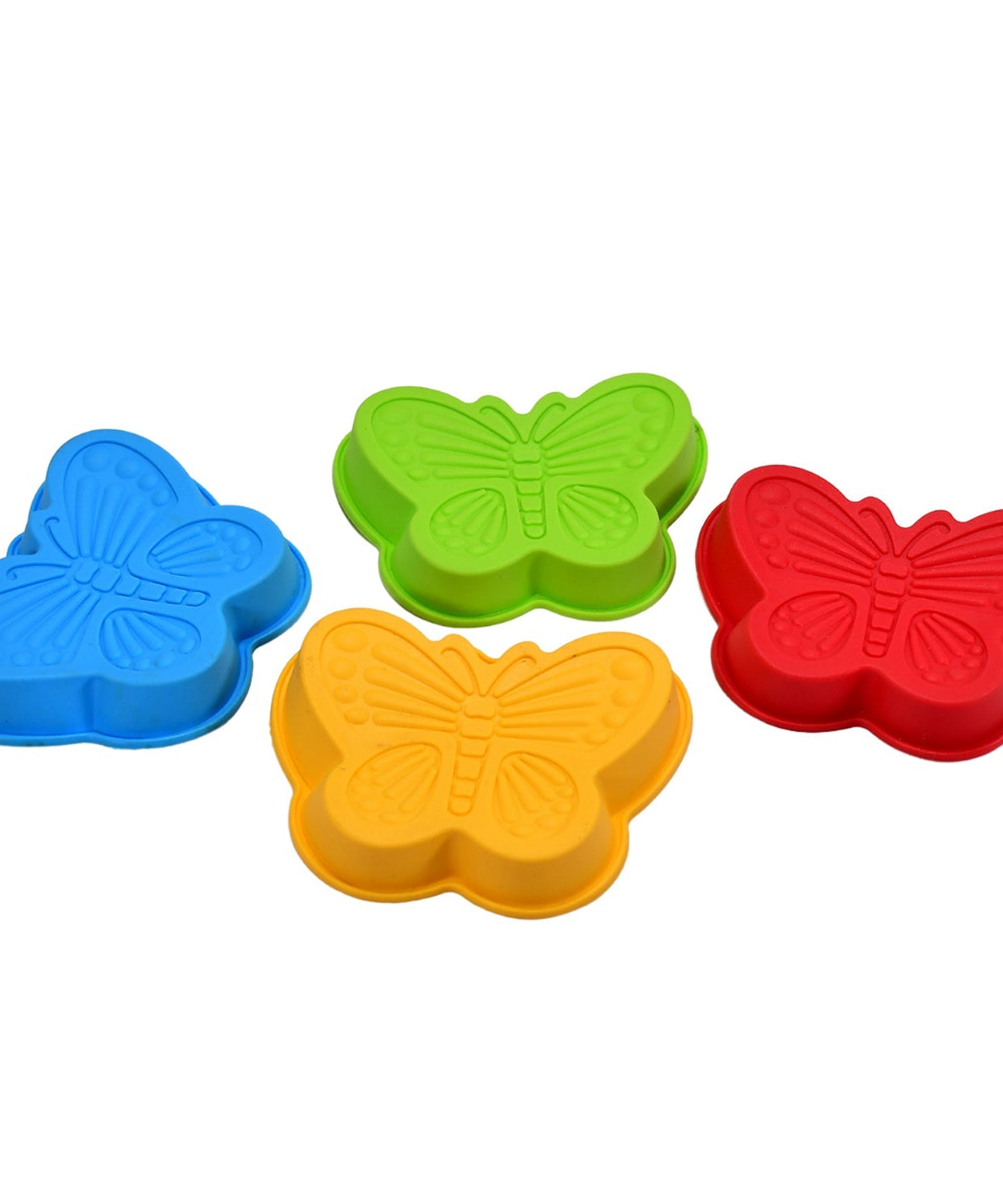 Pack of 4 butterfly-shaped silicone baking cups, safe for microwave and oven use.