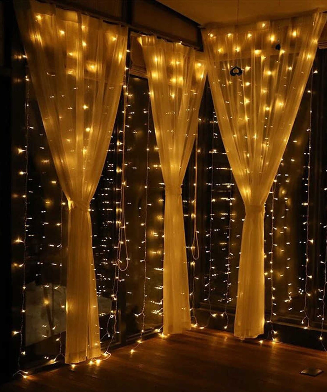 Fairy lights close-up on wooden floor