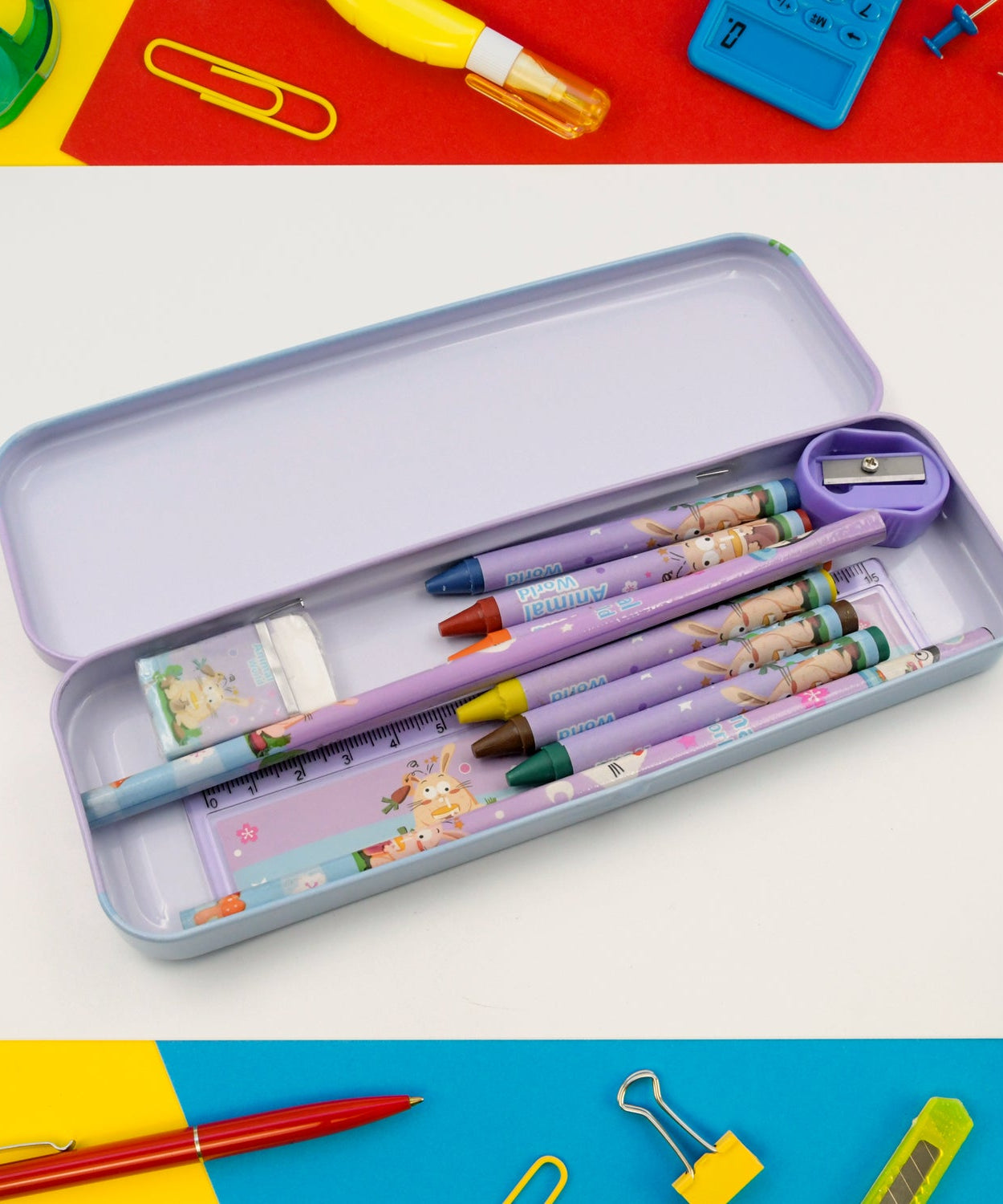 Stationery Kit for Kids - Metal Pencil Box, Sharpener, Pencil & Eraser (12 Pc Set)