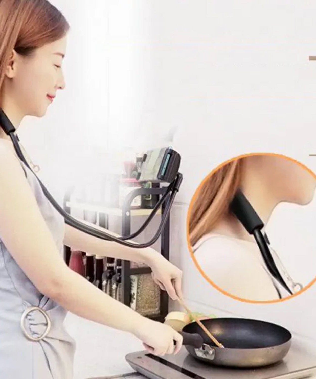 Flexible mobile phone stand with long arms, designed for neck use.