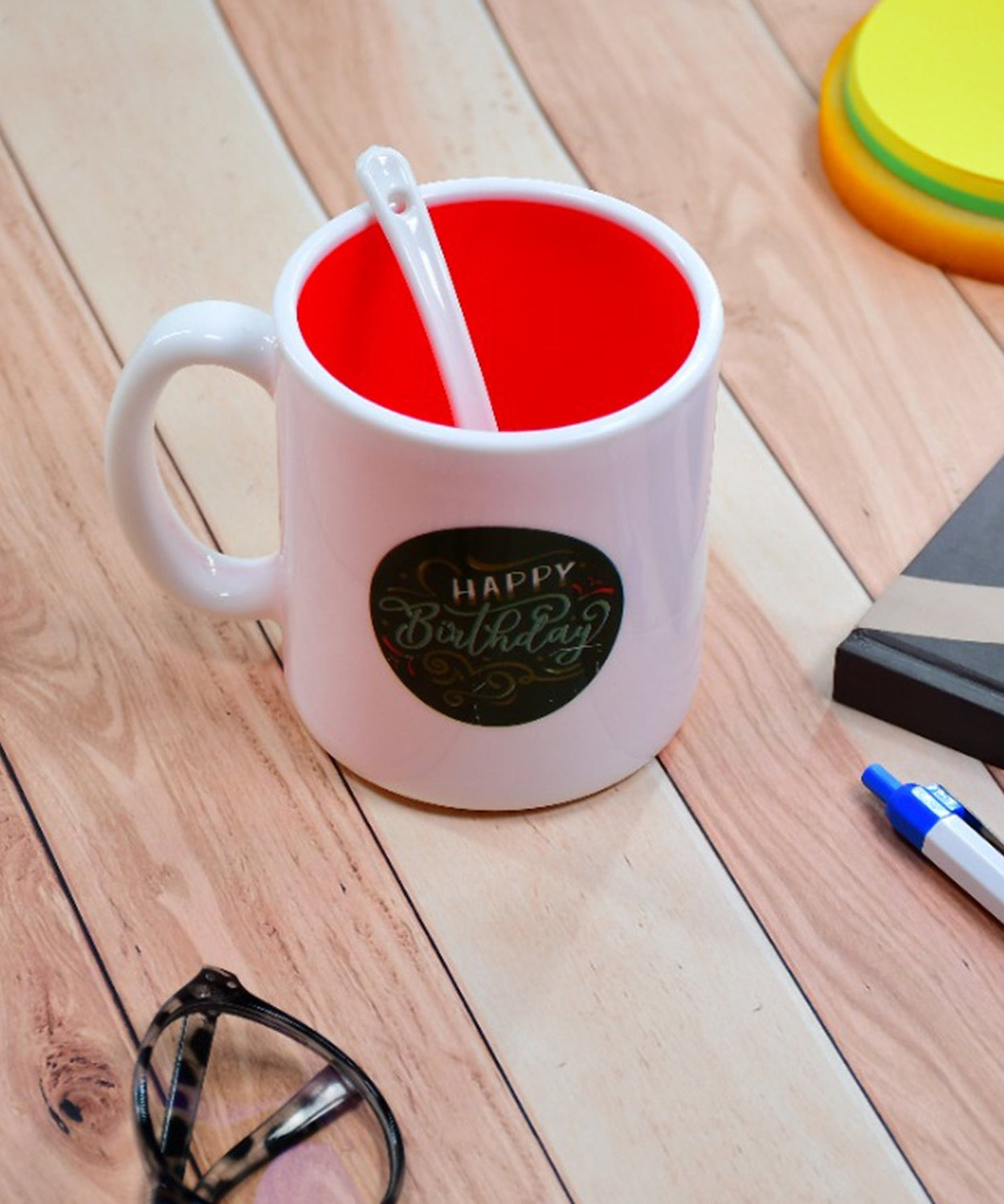 Coffee mug with mixed designs for various drinks.