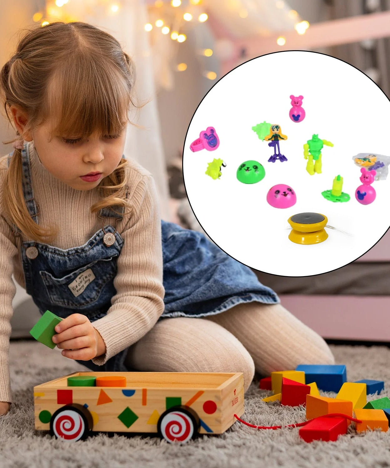 Toy set in plastic storage container