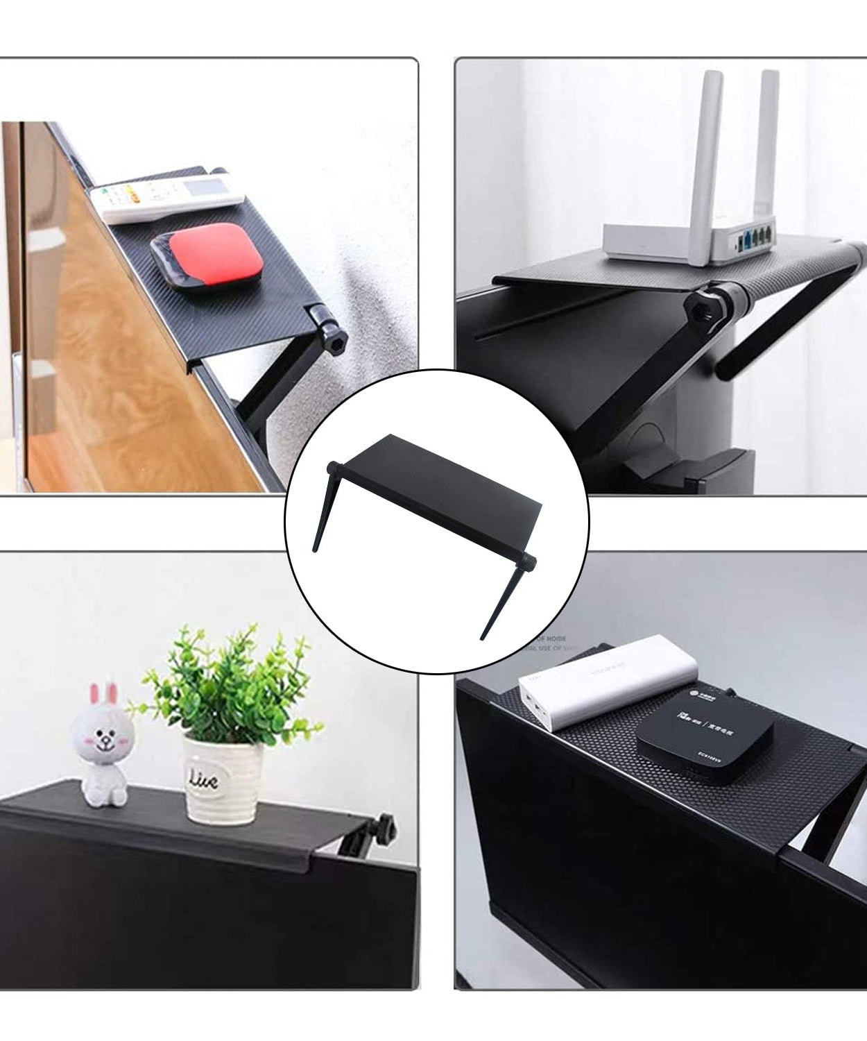 TV top shelf mount for storage of electronic devices and accessories.