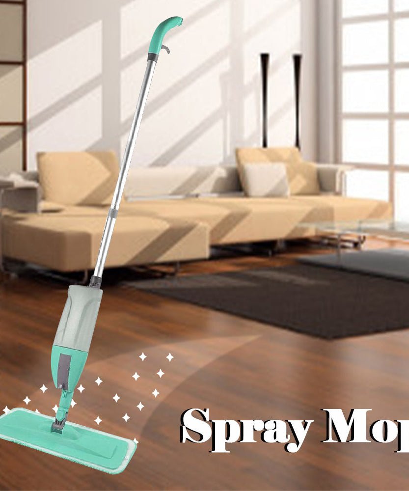 Spray mop head with cleaning pad attached