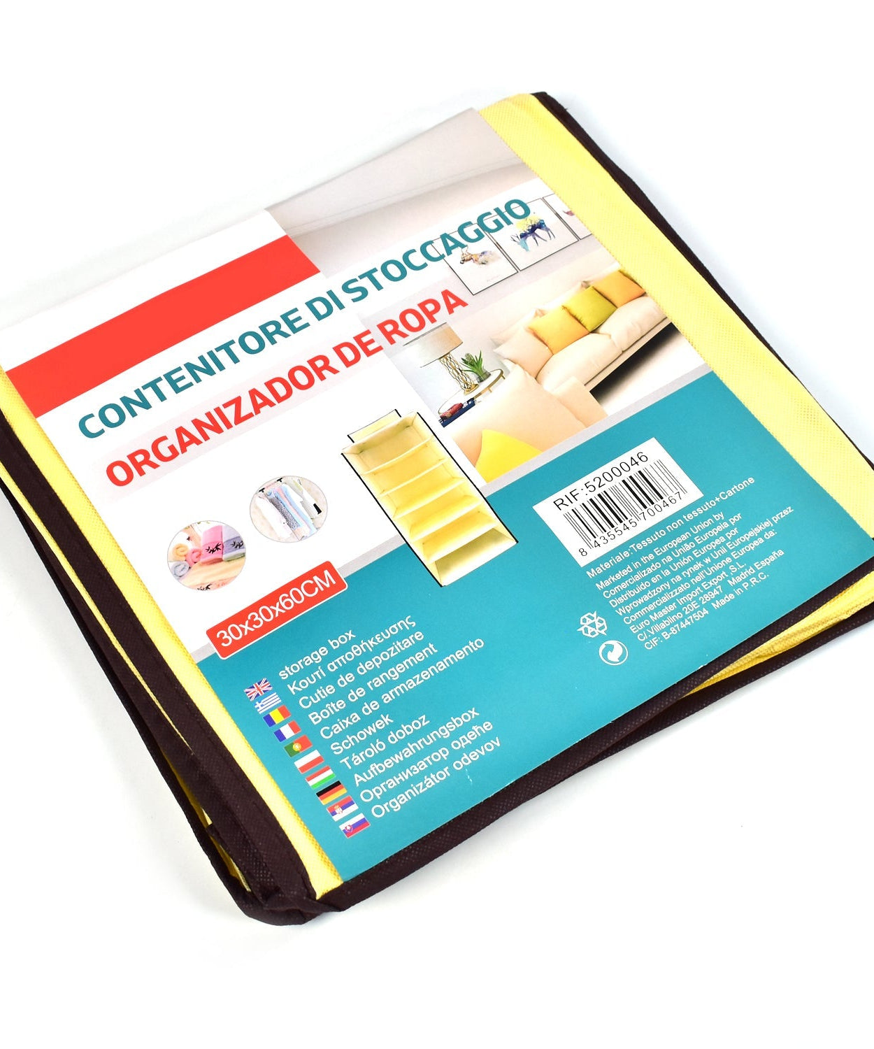 Closet organizer with 6 shelves for clothes.