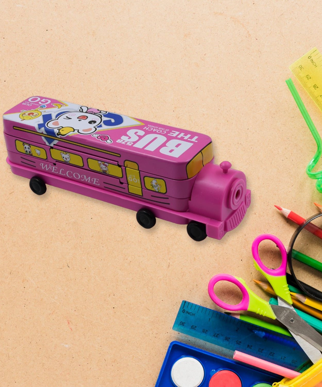 Double decker bus-shaped pencil case with sharpener.