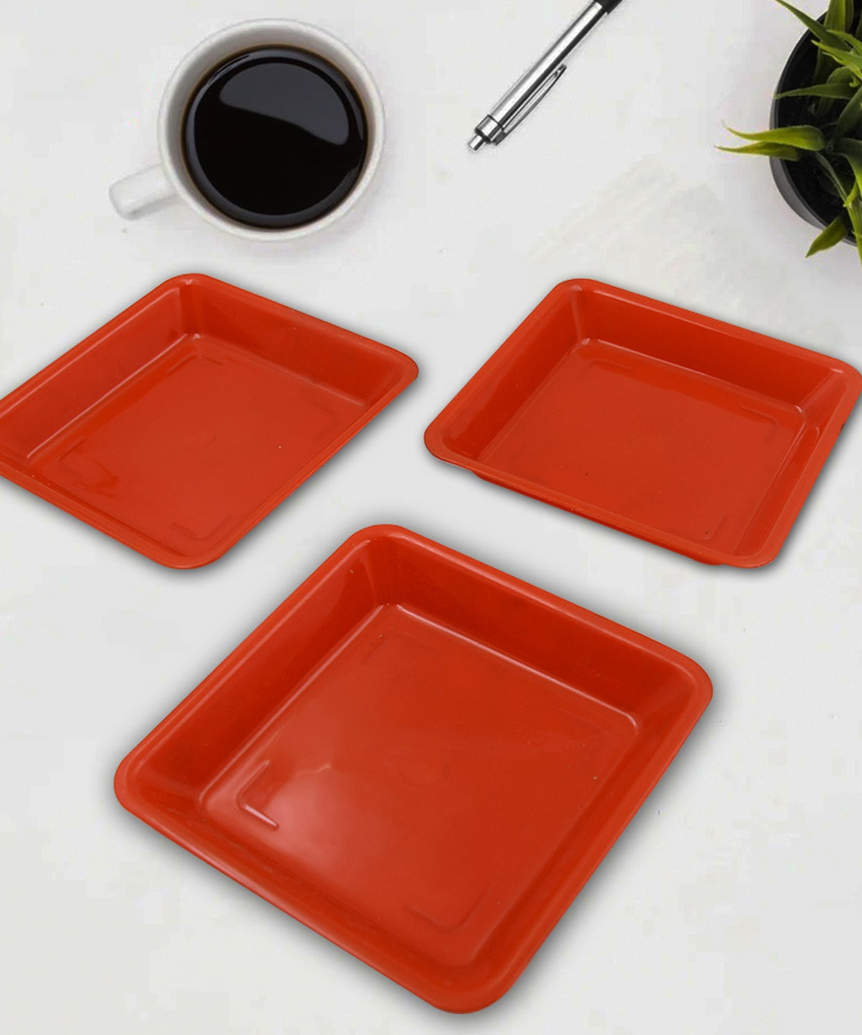 Square Plastic Halwa Dinner Plate Snacks / Breakfast, Restaurant Serving Trays Home School Coffee Hotel Kitchen Office (3 Pcs Set)