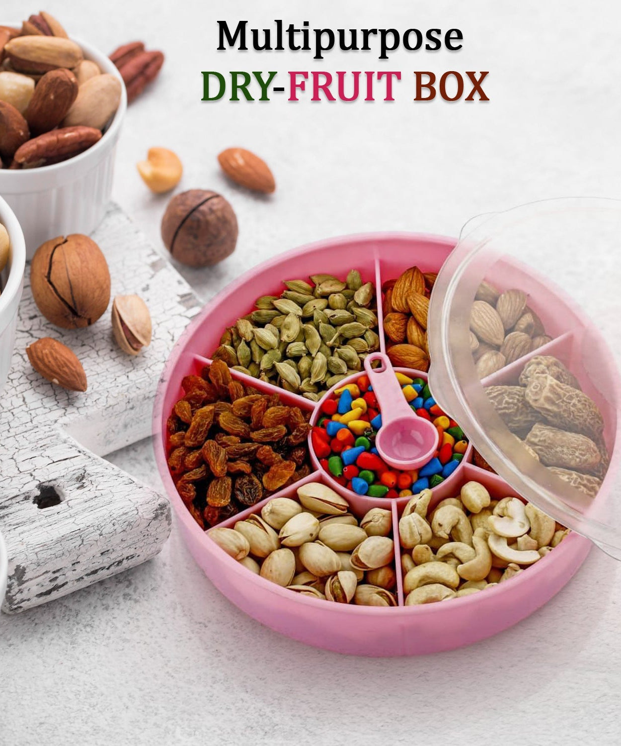 Multipurpose dry-fruit and masala box with a single spoon