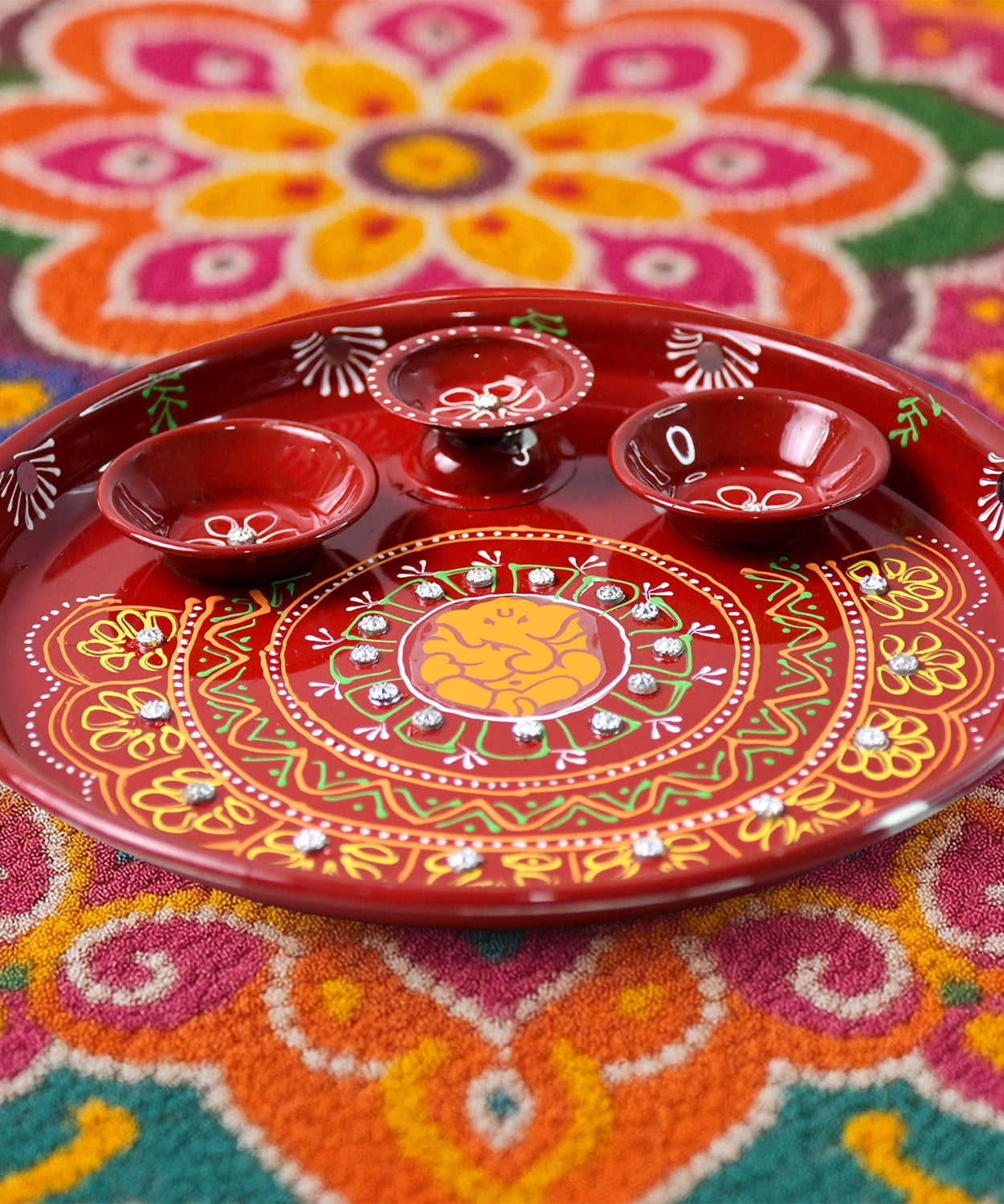 Hand-Painted Decorative Pooja Thali with Ganesha Motif and Diyas