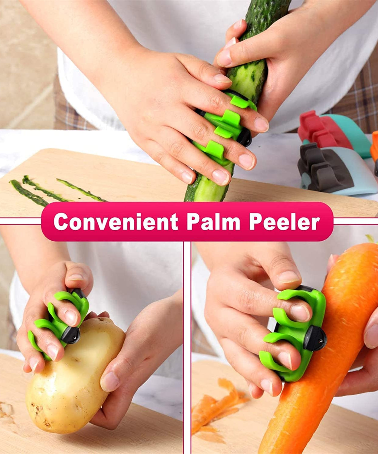 Ergonomic hand peeler with a comfortable grip.