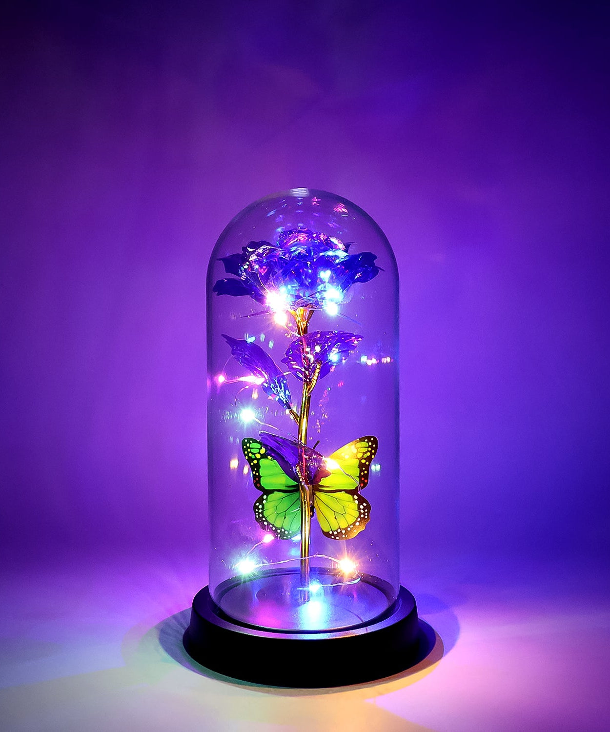 LED Preserved Rose with Colorful Butterfly in Plastic Dome (1 Pc & Mix Color)