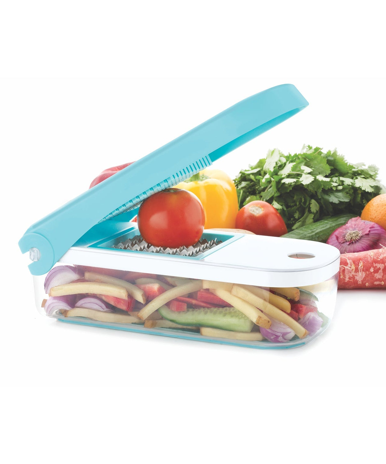 Blue Ganesh 7-in-1 plastic vegetable dicer, multiple views and angles.