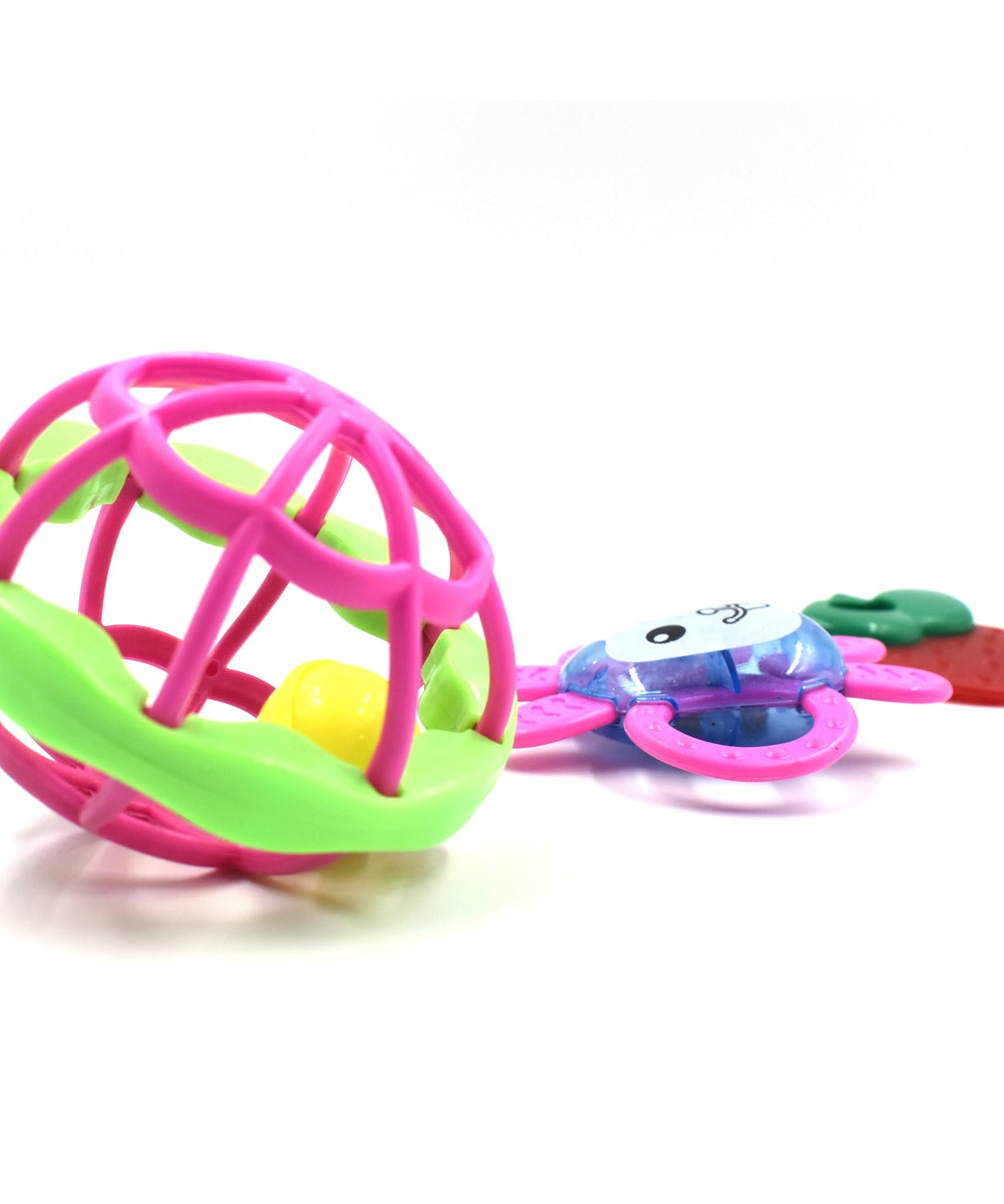 Assorted baby rattles set with bright colors and diverse shapes for infants.