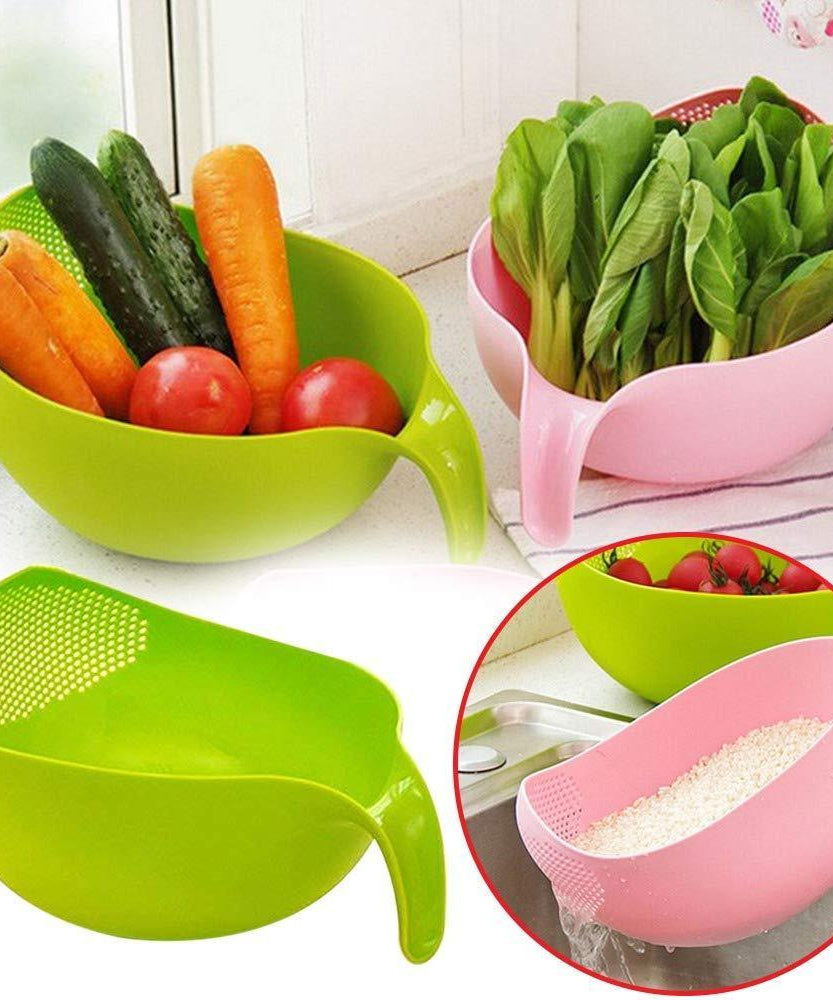 Plastic rice bowl and food strainer set, with handle, set of 3