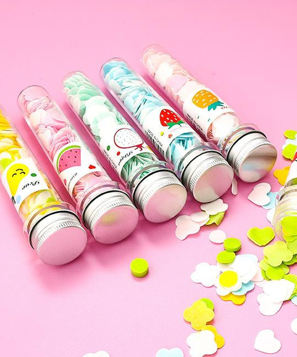 Test tube with flower-shaped paper soap strips for easy hand washing