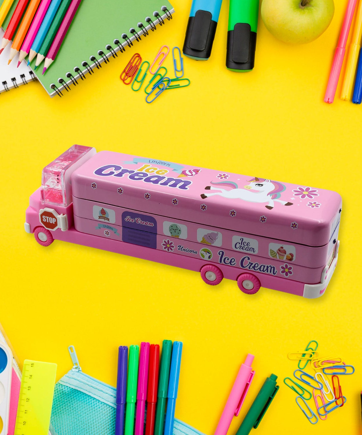 Double Decker Magic Truck Compass Multi Level Metal Truck Compass Pencil Case with Movable Wheels & Sharpener (Mix Design)