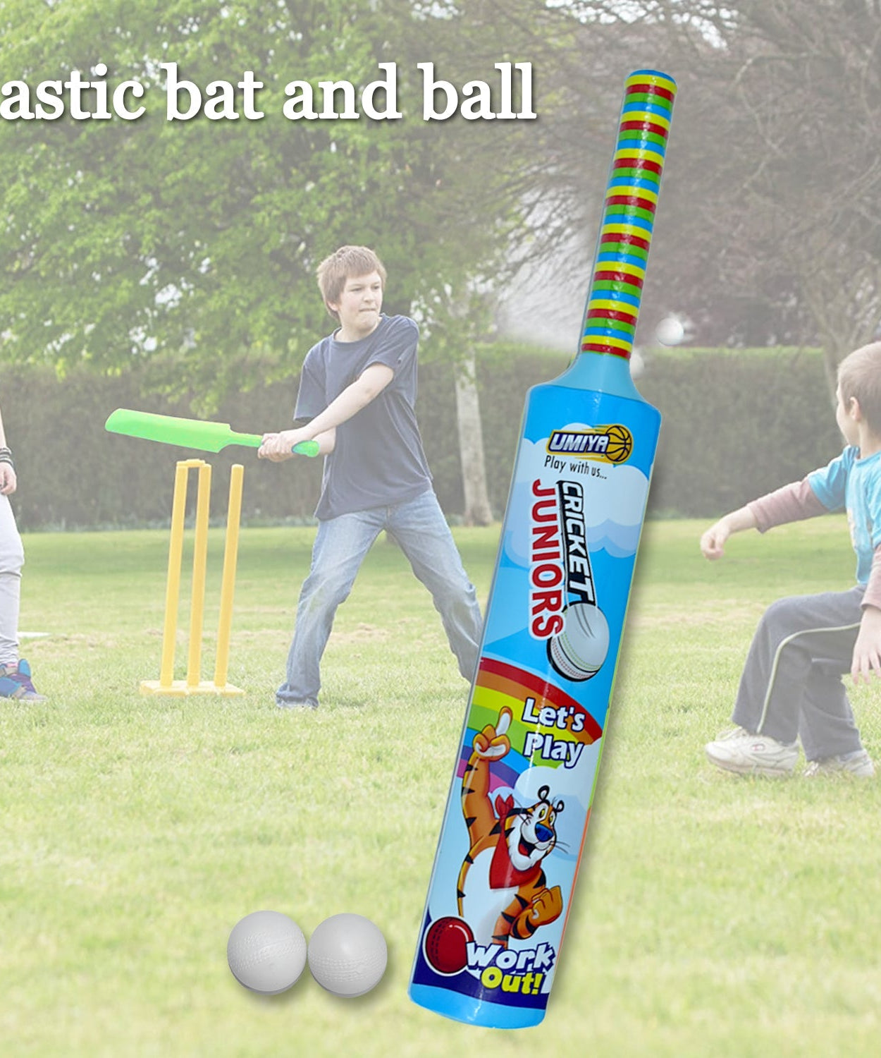 Lightweight plastic sports set including bat, ball, and hockey stick