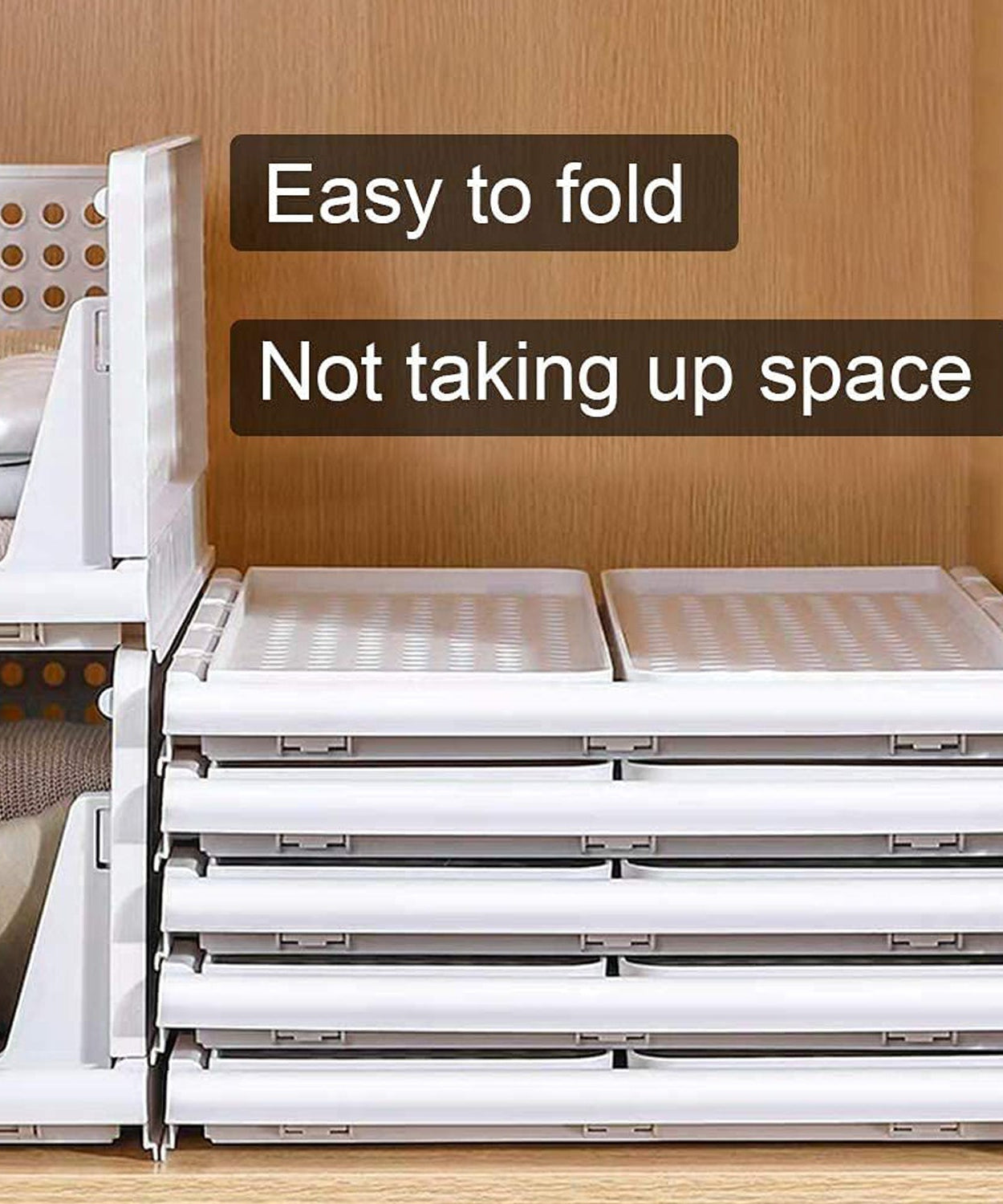 3-layer plastic drawer organizer, foldable and stackable for efficient closet organization.