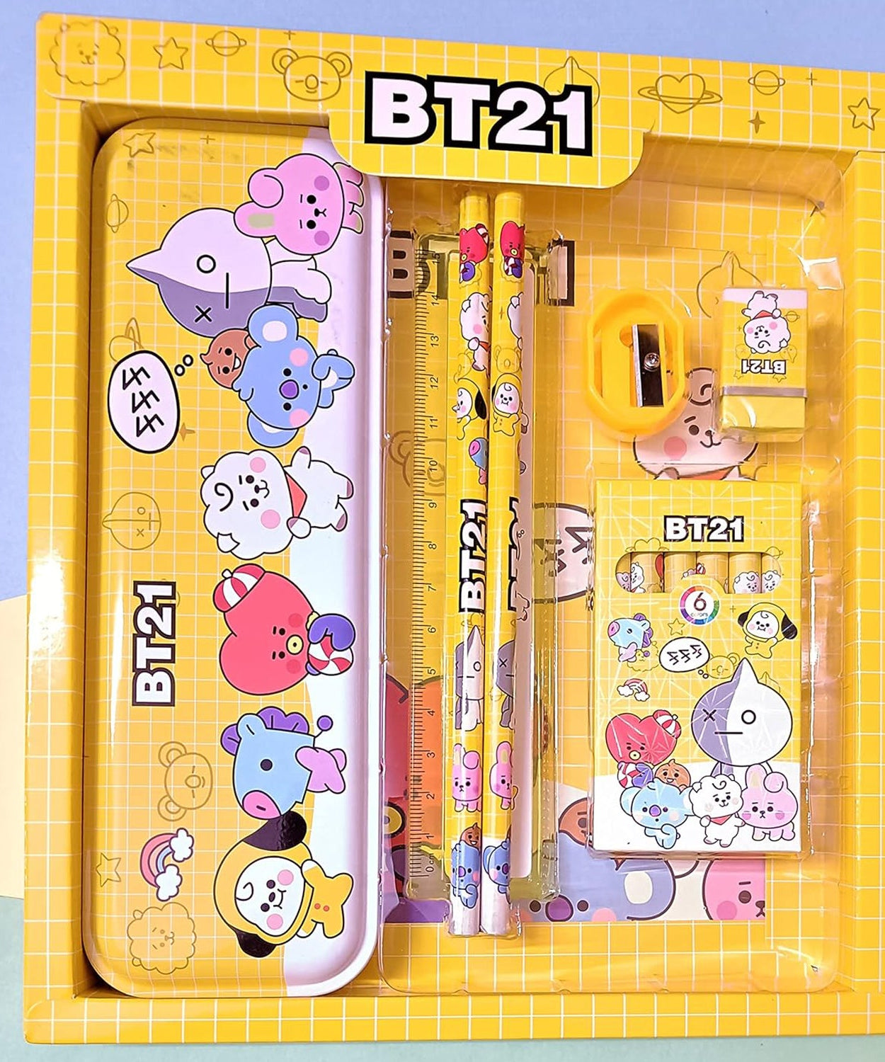 Metal pencil box and stationery set for kids, includes sharpener and erasers