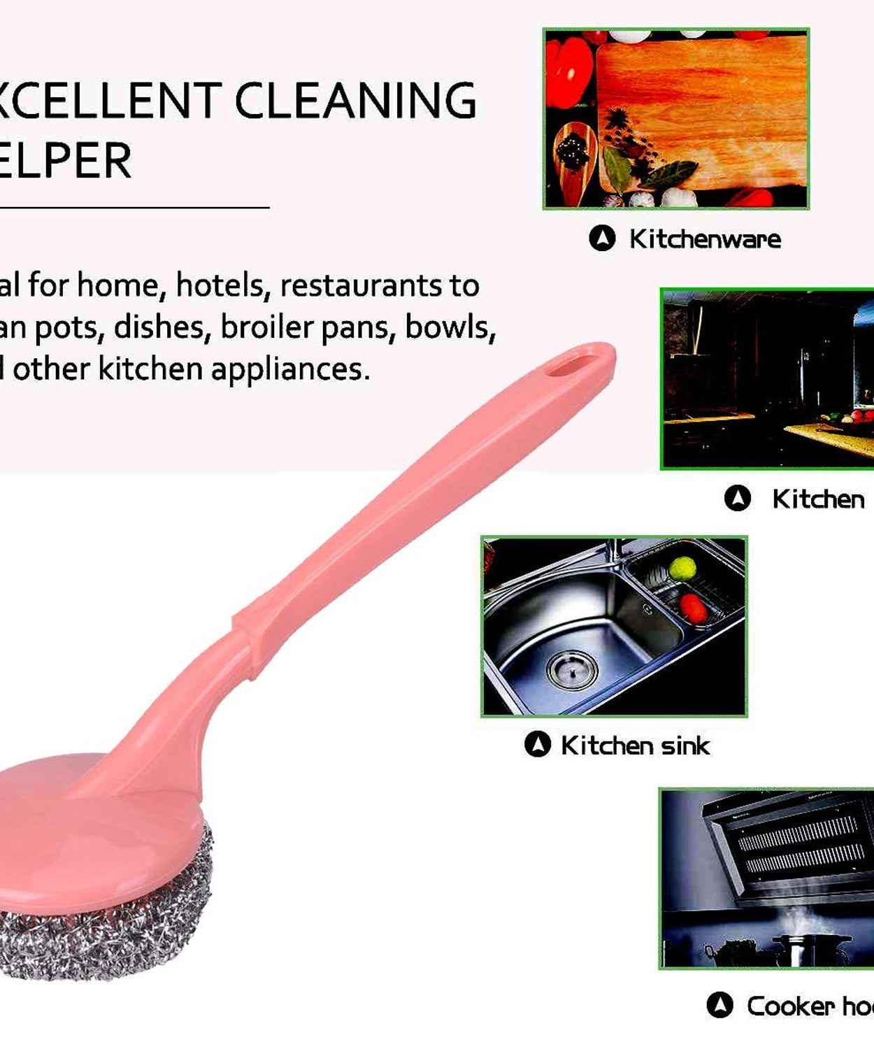 Kitchen scrubber with handle, effective for cleaning and removing hard stains.