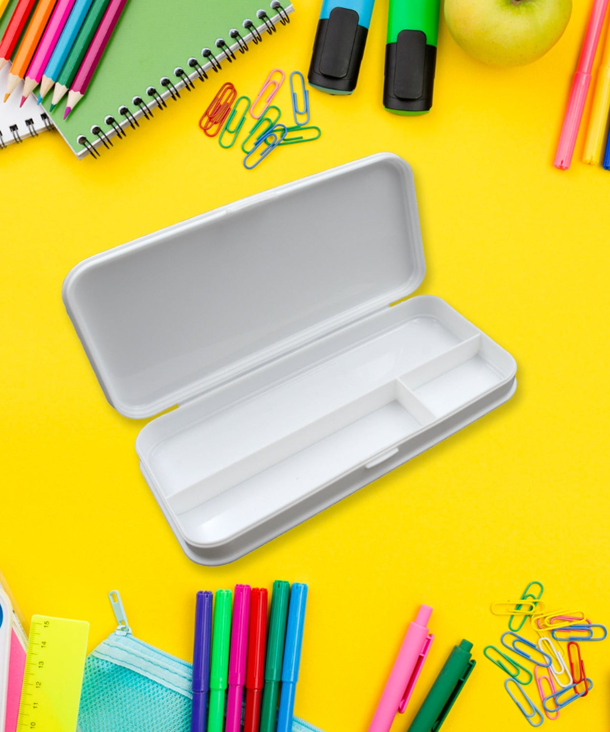 White 3-compartment compass pencil box for school kids