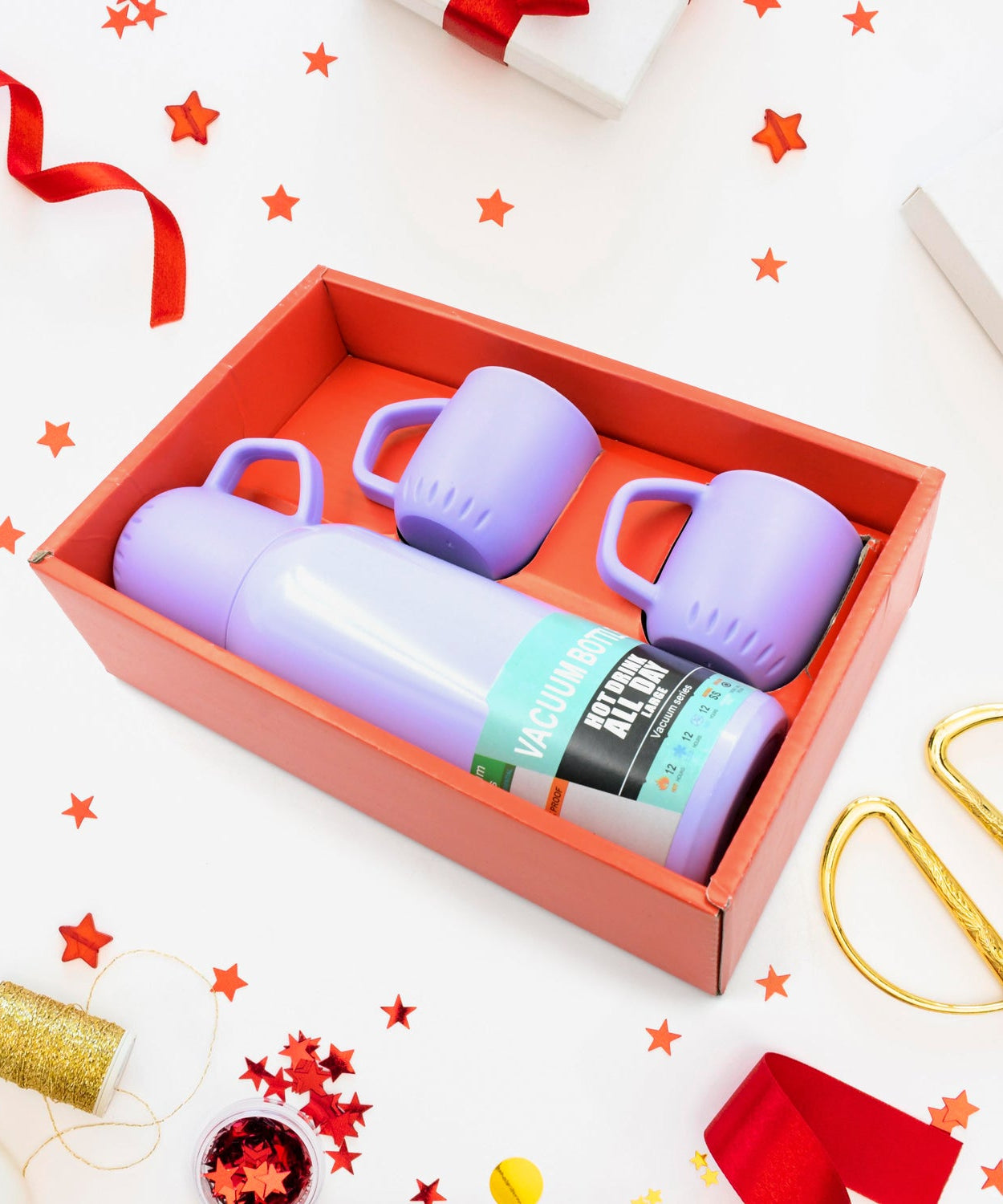 Stainless steel thermos with 3 cups, portable car water bottle