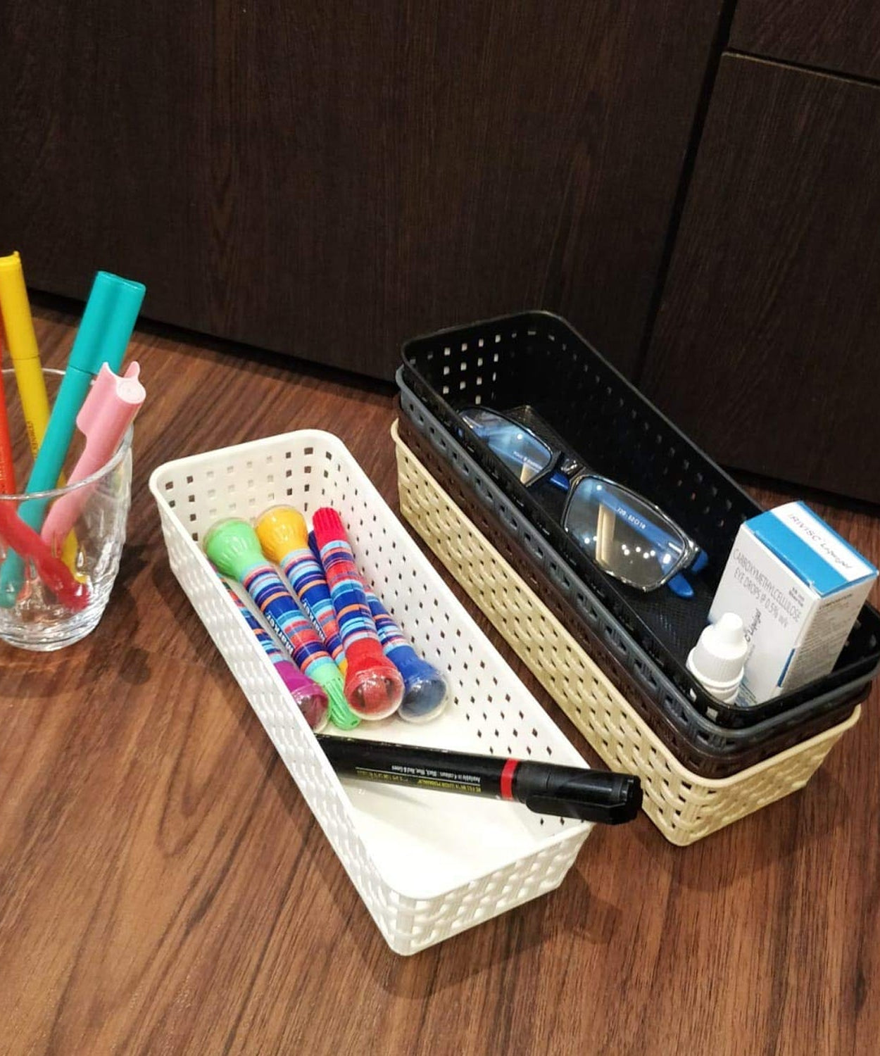 Plastic Multipurpose Desk Organizer Tray Office Drawer Dividers Storage Bins for Kitchen, Bathroom, Office, Makeup, Bedroom Dresser, Craft Basket Rack Multicolour (6 Pcs Set)
