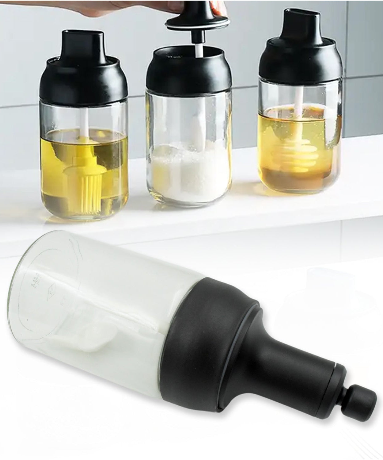 Heat-resistant seasoning jar with spoon for cooking.