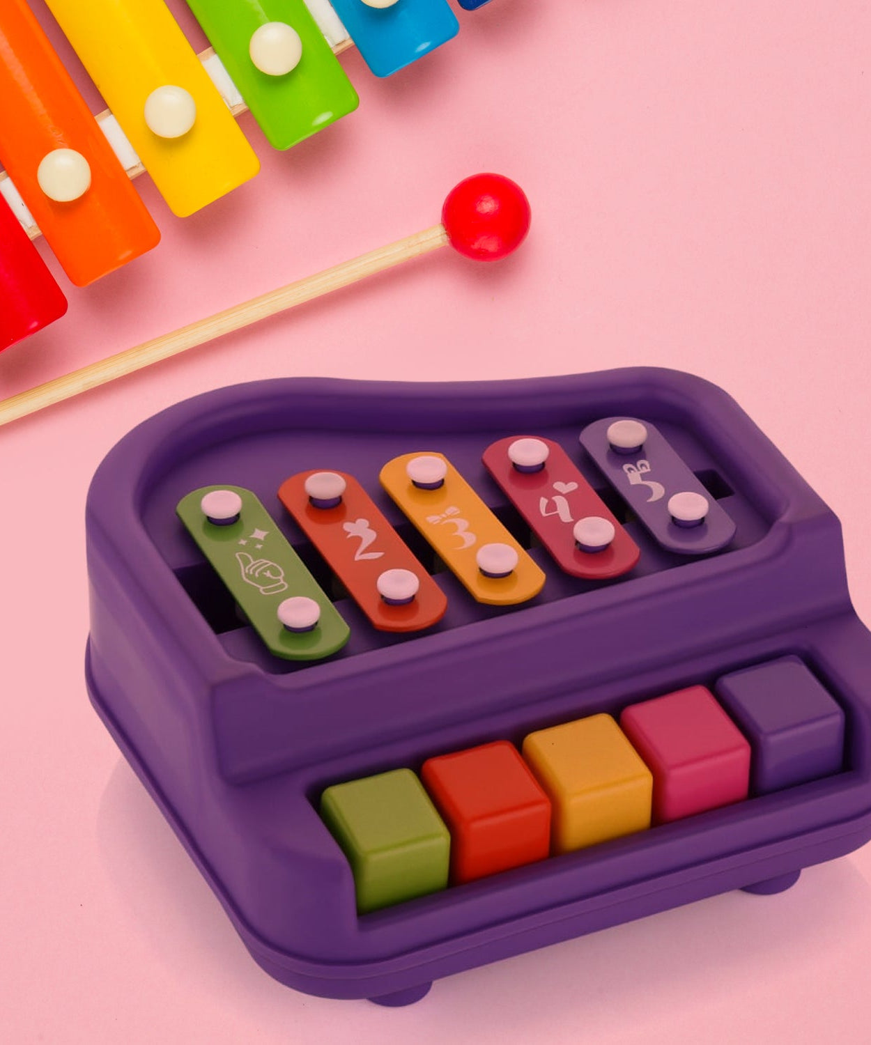 2 in 1 Baby Piano Xylophone Toy for Toddlers, 5 Multicolored Key Keyboard Xylophone Piano, Preschool Educational Musical Learning Instruments Toy for Baby Kids Girls Boys 3+ Years (1 Pc)