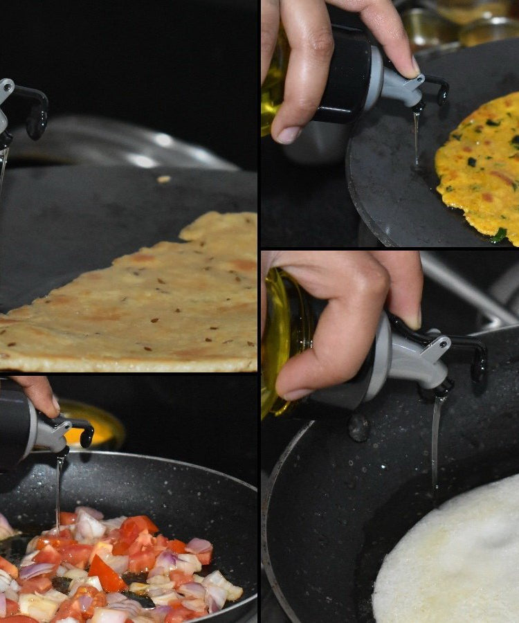 Transparent plastic oil dispenser, 1 liter, for kitchen or dining use.