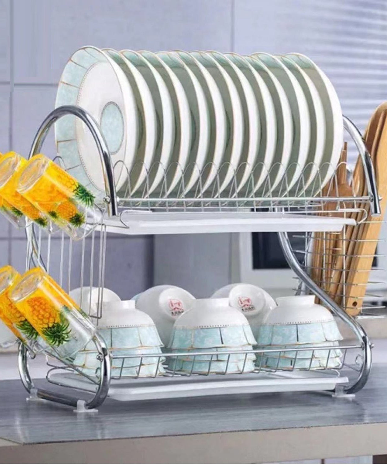 Stainless steel 2-tier dish rack for plates and cutlery