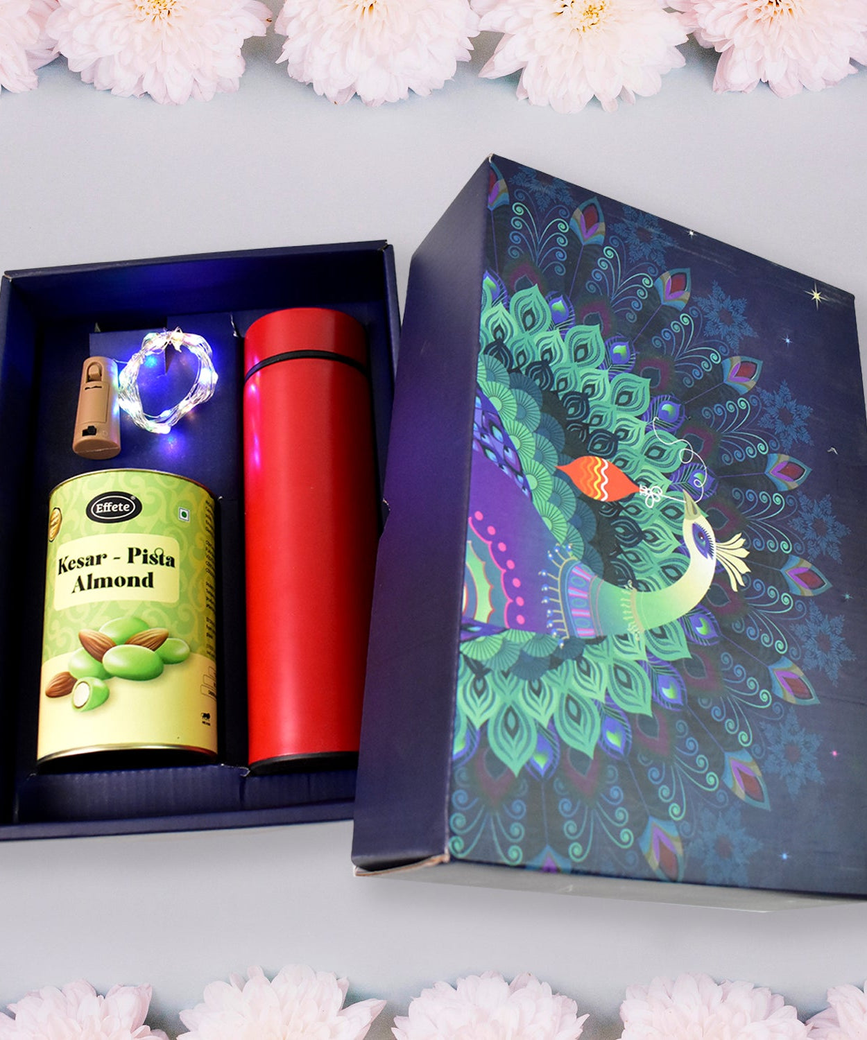 Personalized Temperature Water Bottle, Decorative Light & Kesar-Pista Almond Chocolate (With Attractive Peacock Box / 3 Pc Set)