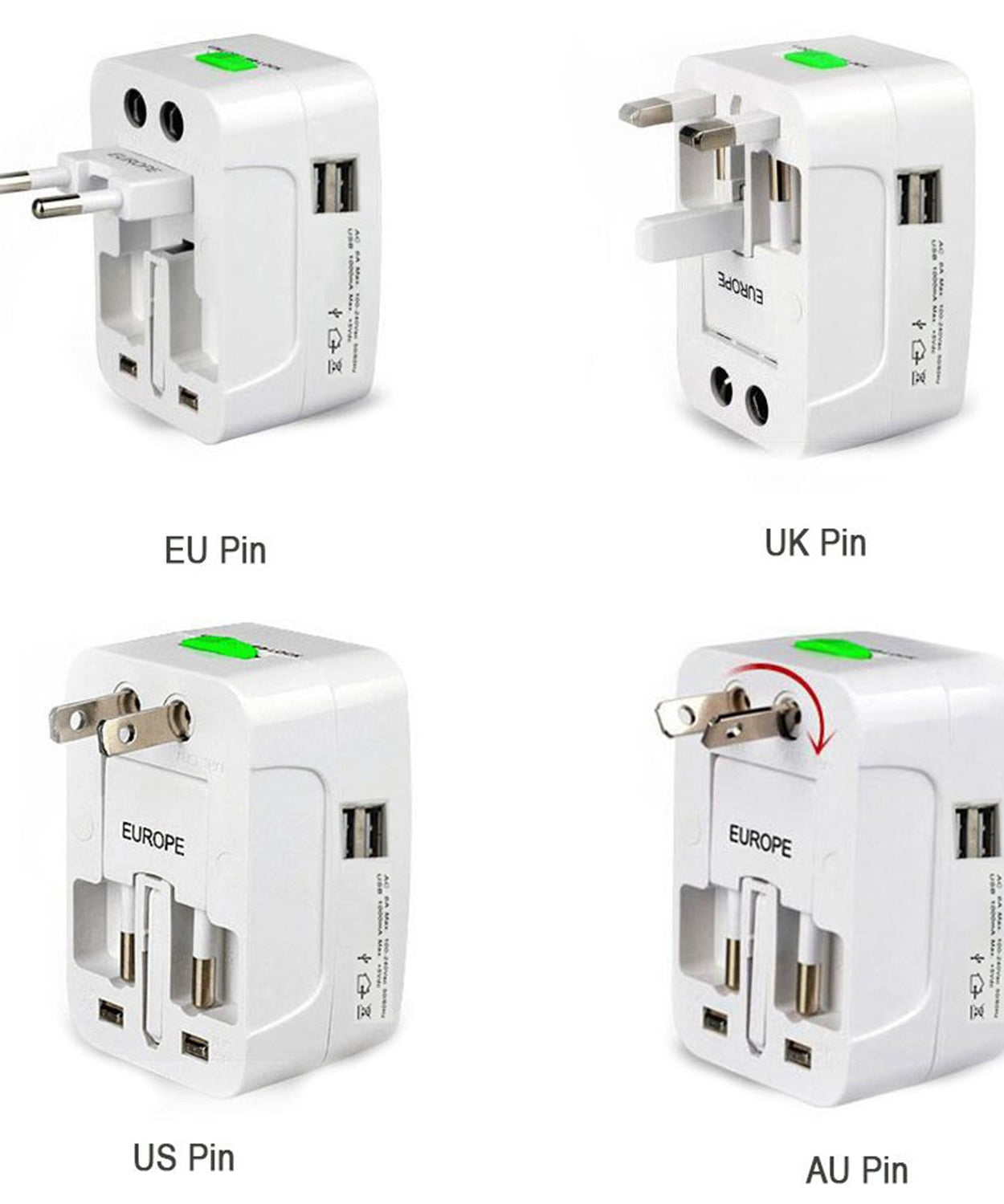 All-in-One Universal Worldwide Travelling AC Adaptor Plug (AU / UK / US / EU) International Power Charger Electric USB Power Plug Socket Adapter Converter (1 Pc)