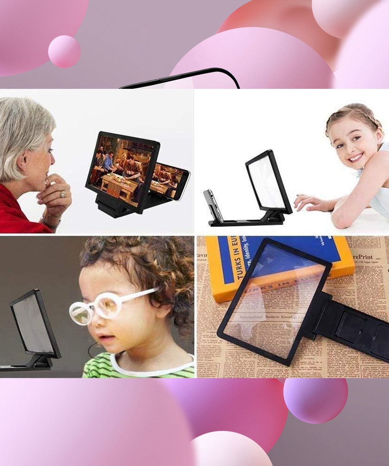 Mobile phone screen expander with foldable bracket for comfortable viewing