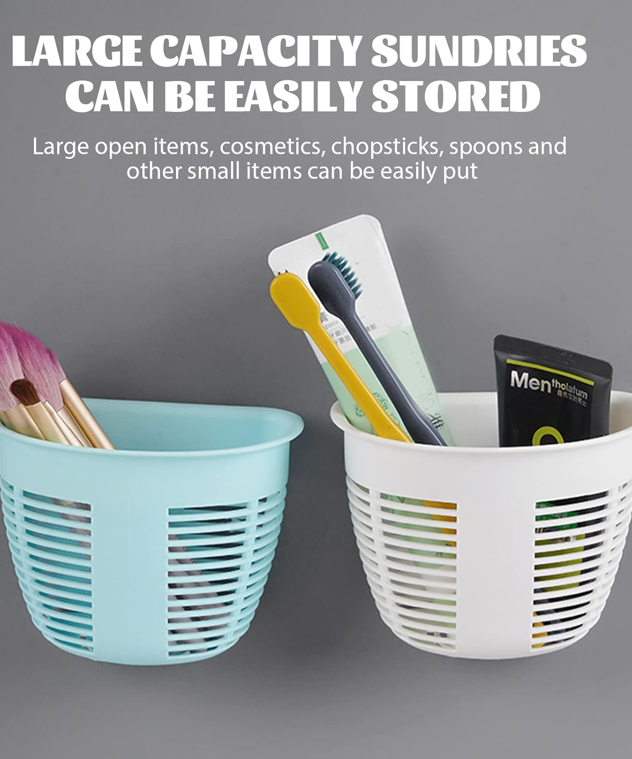 Hanging Plastic Storage Basket, Adhesive Wall Mounted Organizer Box Make Up Holder Shelf Bathroom Wall Basket Punch Free Drain Basket for Kitchen Bathroom, Wall Type Storage Basket (1 Pc)