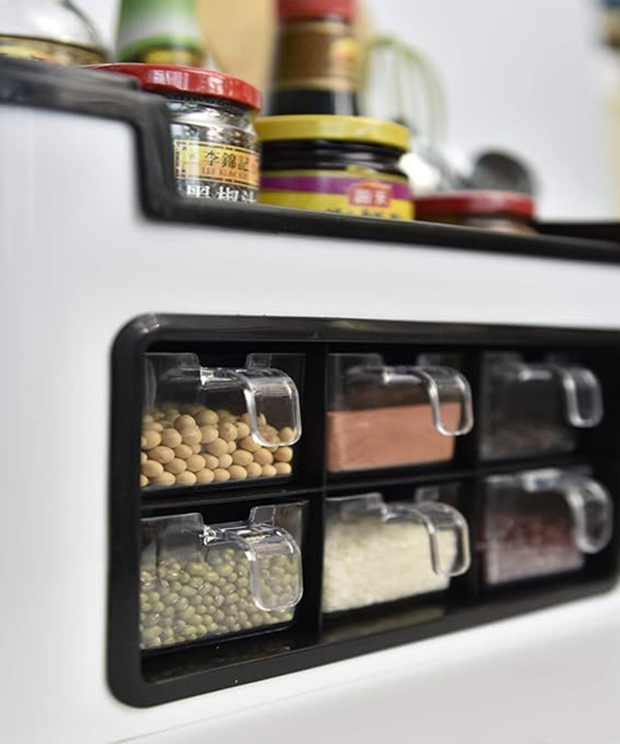Multifunctional Kitchen Storage Organizer Rack with 6 Spice Containers, Knife & Spoon Holder, and Top Shelf