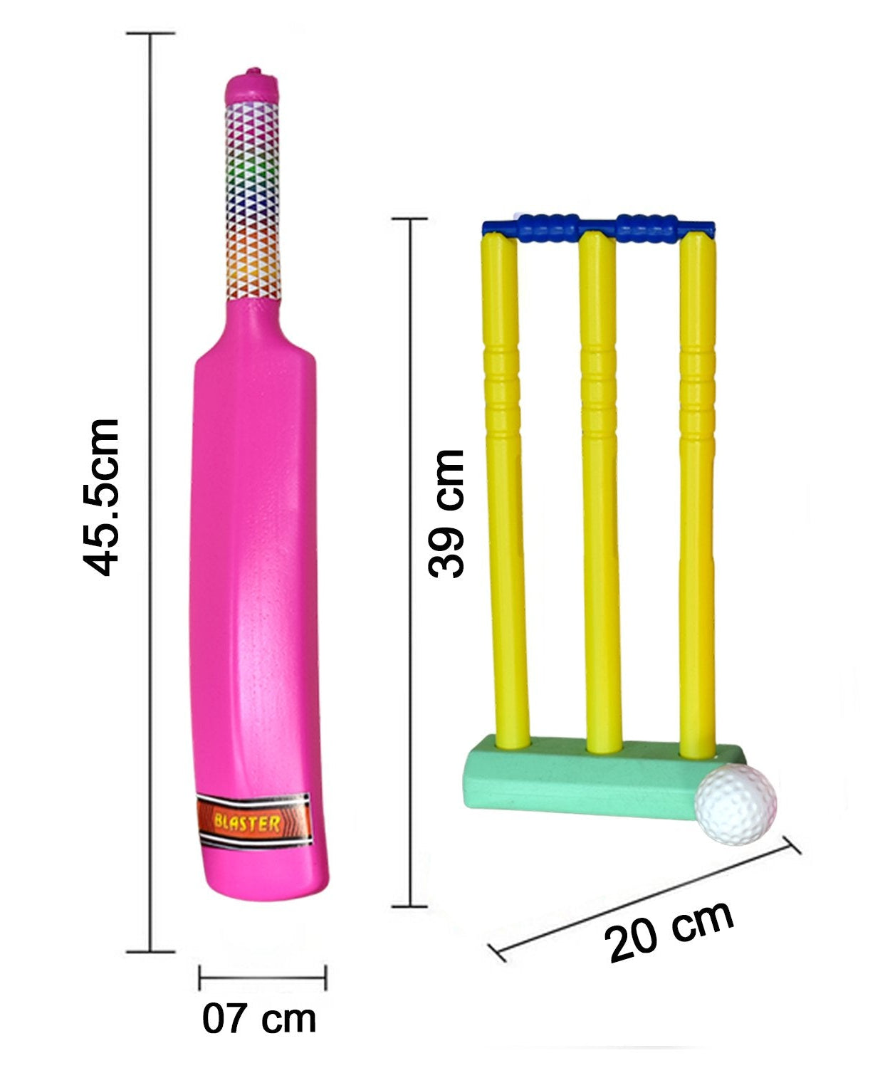 Plastic cricket set showing bat and ball for playful use