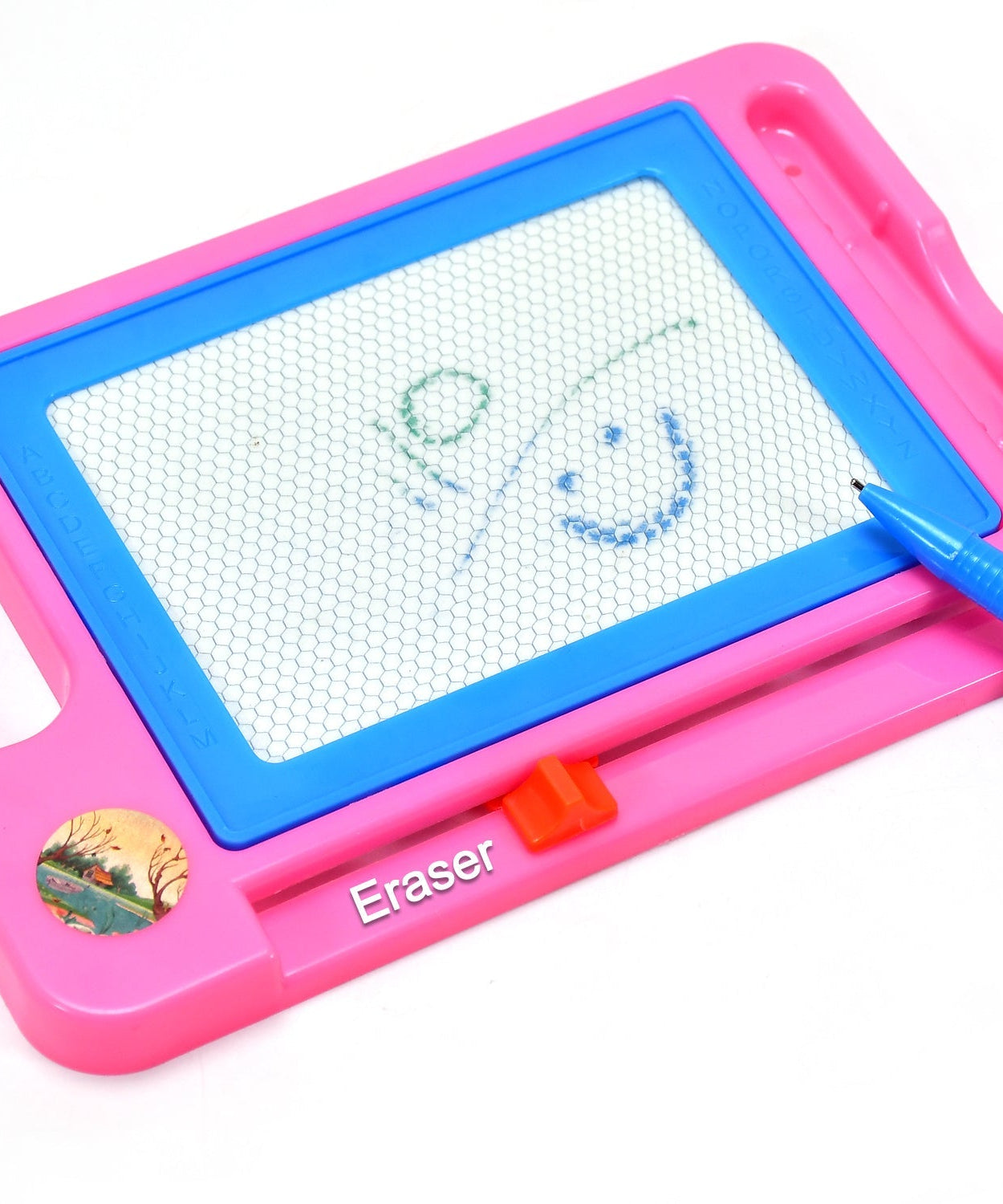 Magnetic slate toy with writing pen, close-up