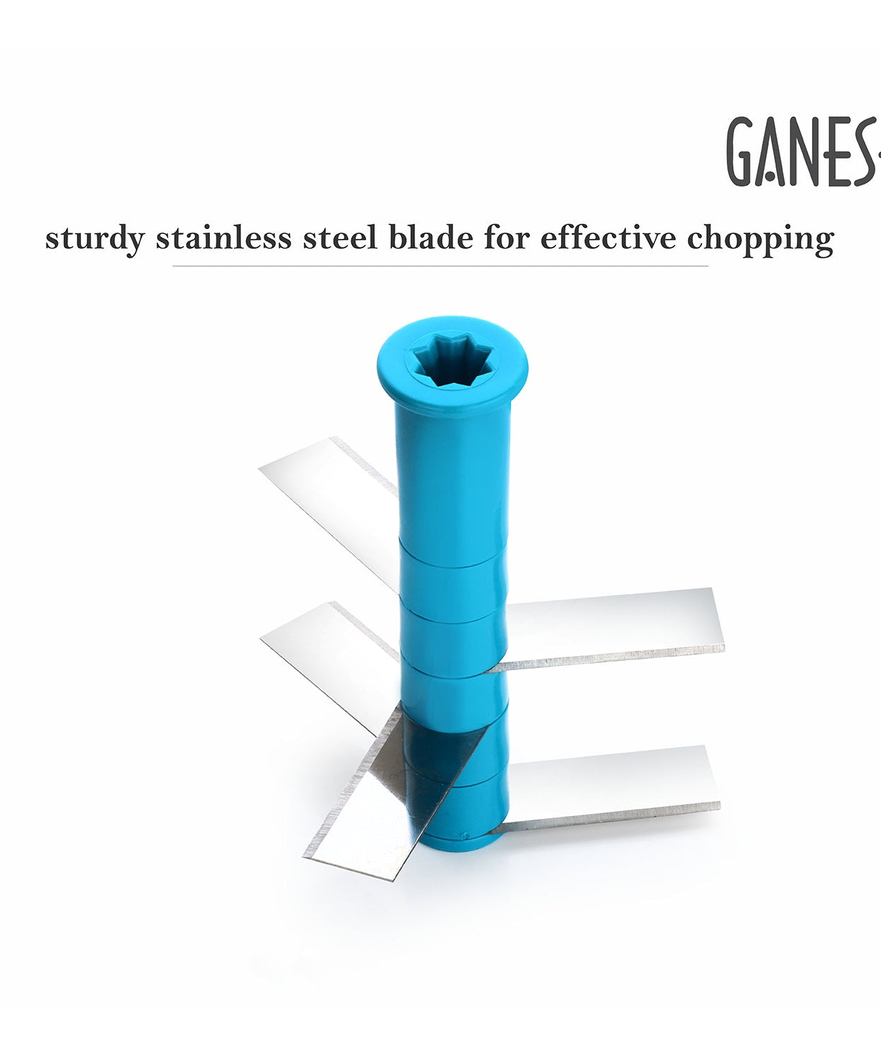 XL large chopper by Ganesh with 5 stainless steel blades, shown from different perspectives.