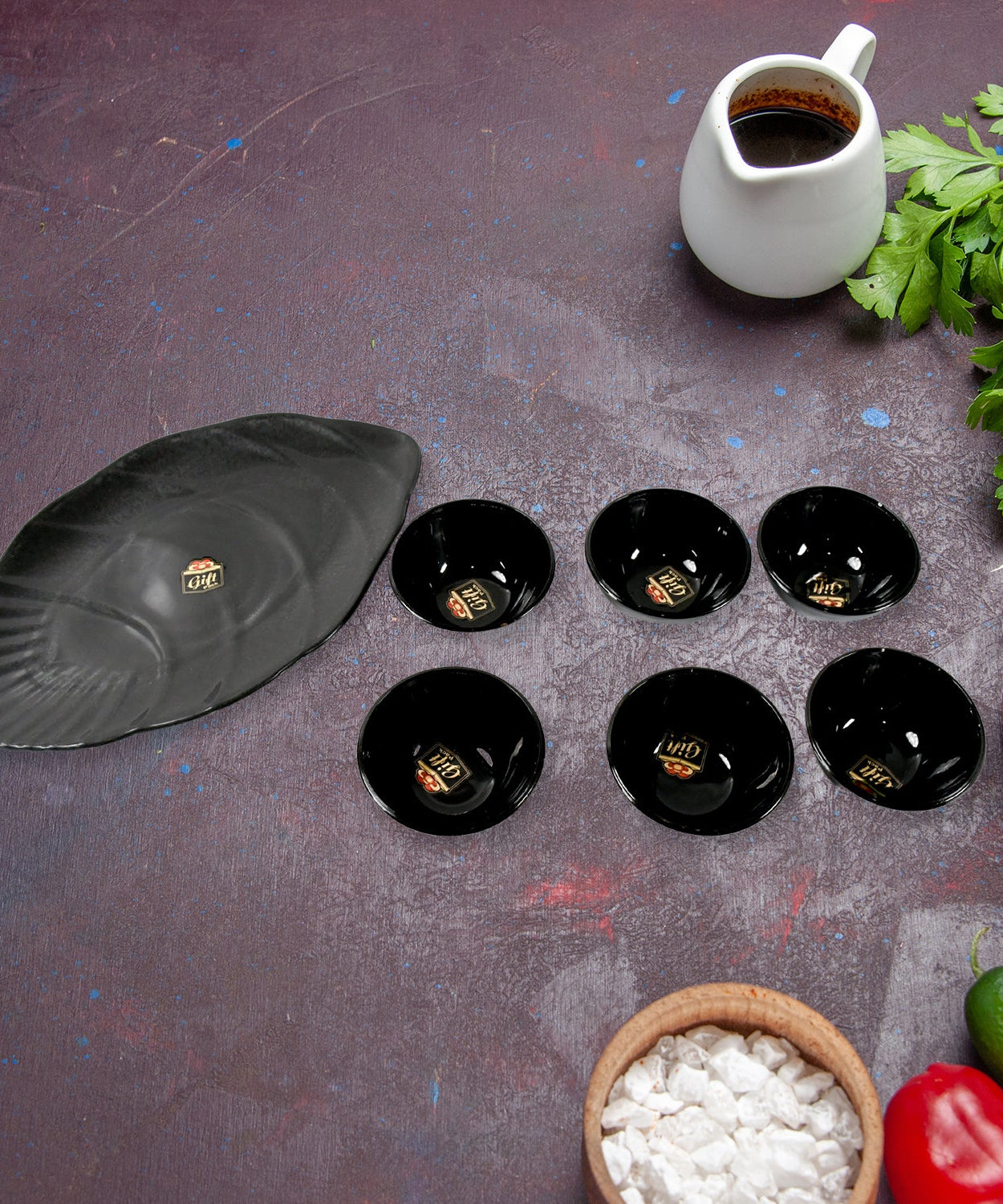 Hello Sweet Round Ceramic Snacks Bowl With Plastic Leaf shape Serving platter Portable, Lightweight Breakfast, Serving Bowl | Ideal for Rice, Pasta, Desserts Home & Kitchen Serving Bowl & platter (7 Pcs set)