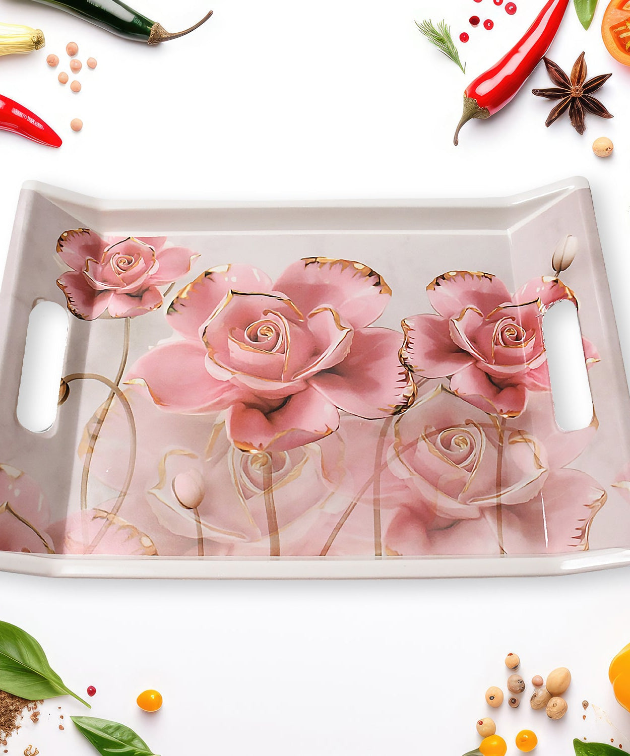 Plastic Rectangular Shape Flower Printed Design Serving Tray 3 pcs Home and Kitchen Use (3 pcs set)