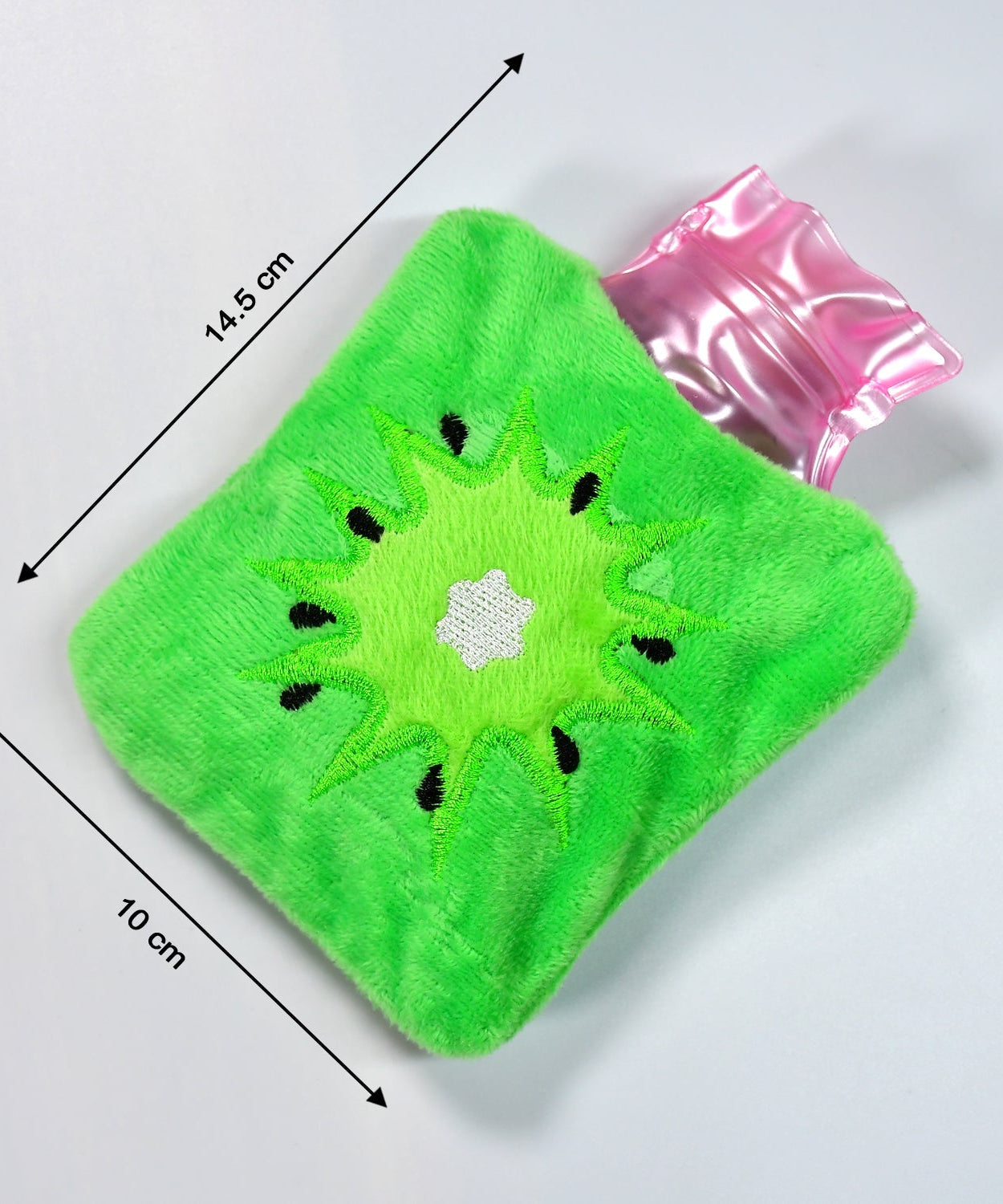 Hot water bag with green sun cover for soothing hands, feet, and neck pain