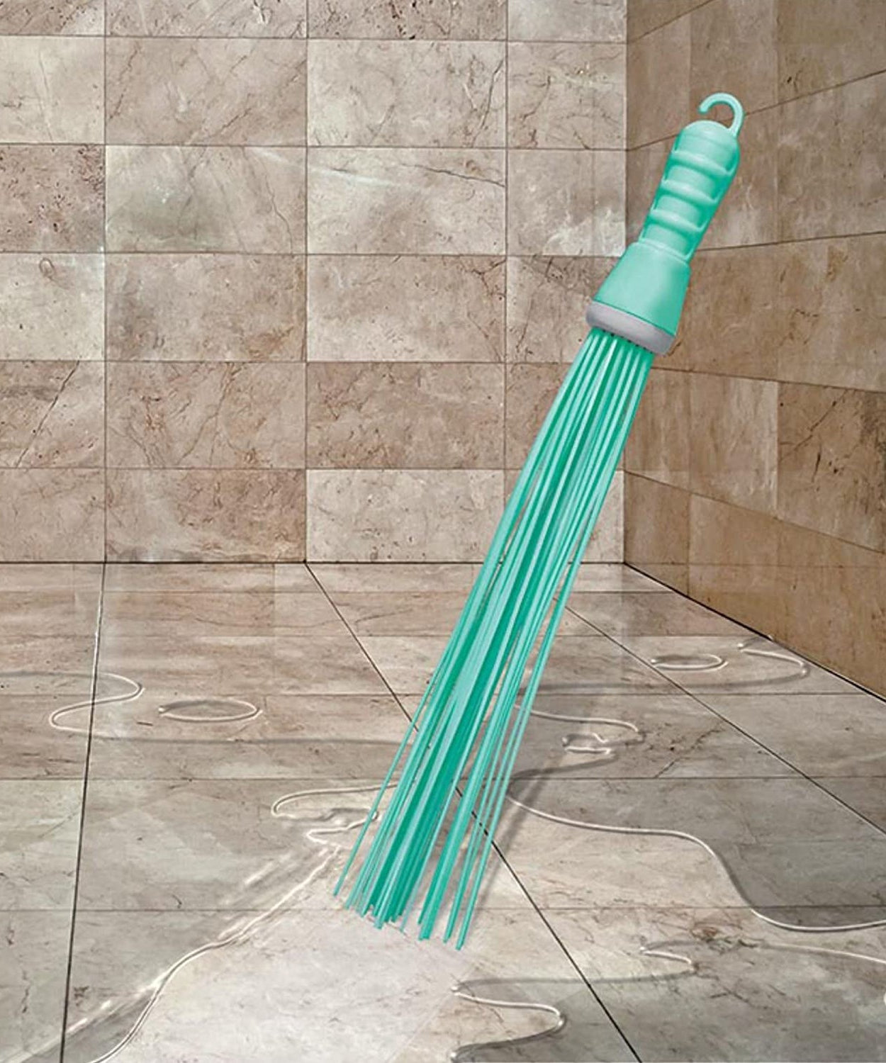 Hard bristle broom with plastic handle, bathroom use