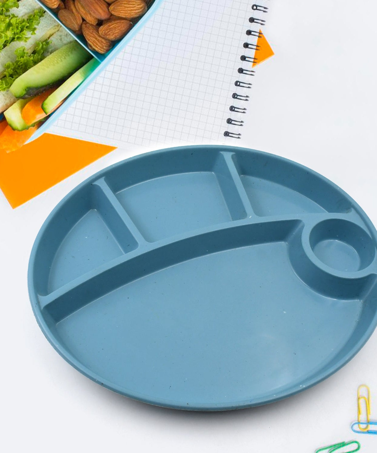 Plastic Food Plates / Biodegradable 5 Compartment Plate With Spoon for Food Snacks / Nuts / Desserts Plates for Kids, Reusable Plates for Outdoor, Camping, BPA-free (1 Pc)
