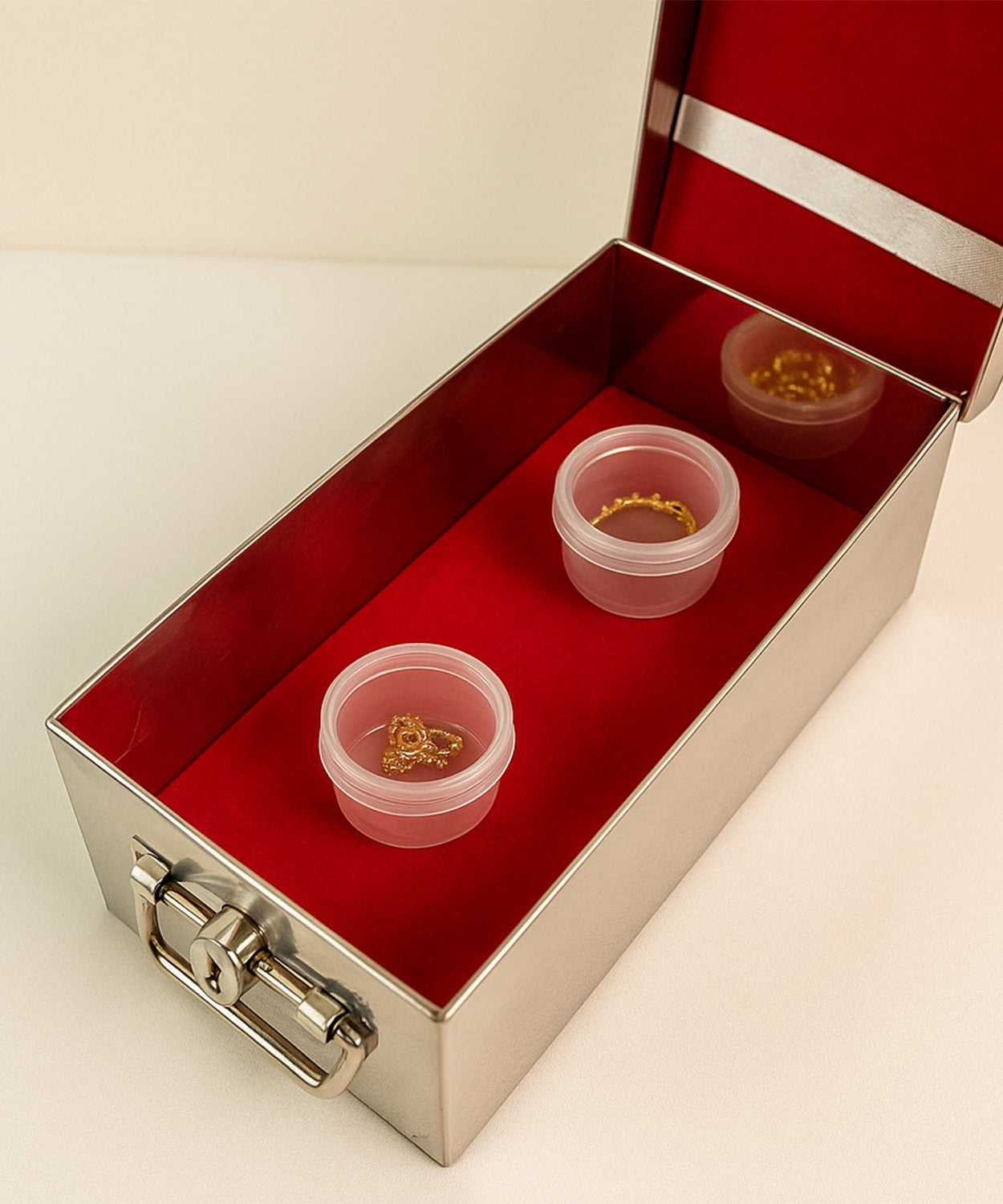 Premium Stainless Steel Velvet Lined Jewellery Storage Box with Lock and Red Interior