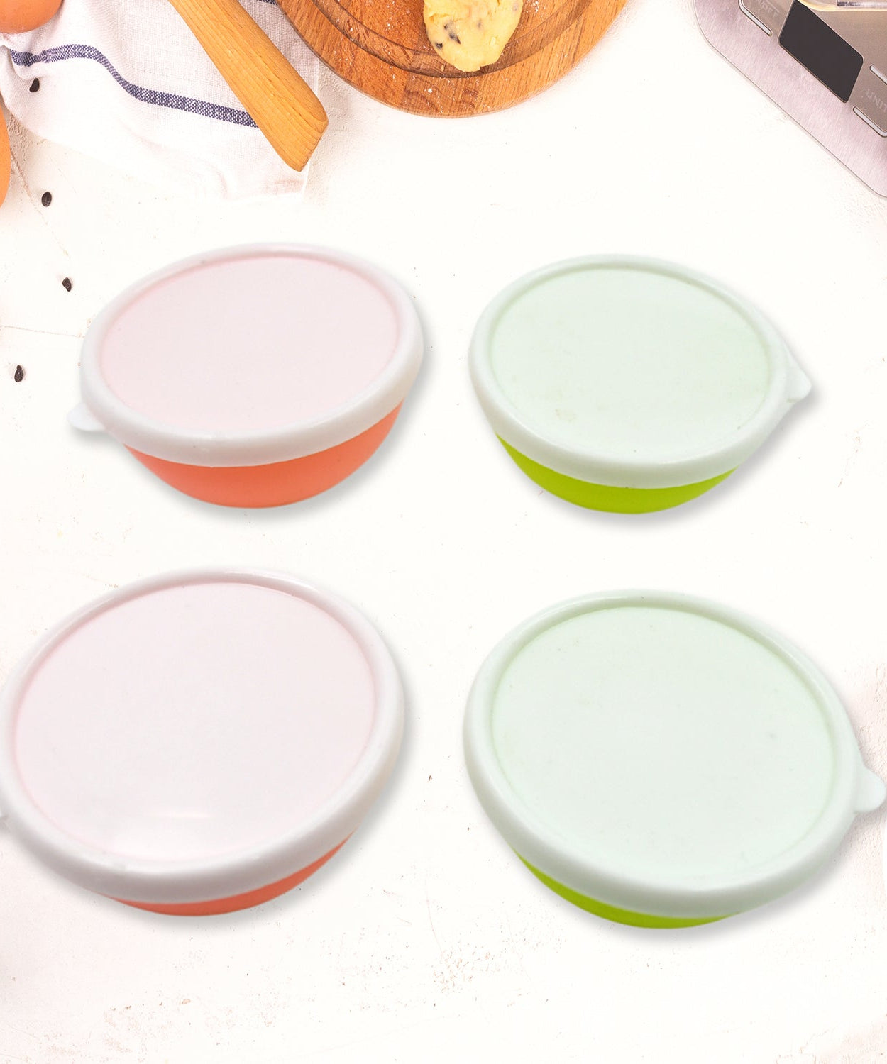 Multipurpose Small Round Plastic Bowl / Katori With Lid, Microwave Safe Reusable Lightweight Bowl, Dishwasher Safe Chutney Bowl (4 Pcs Set)
