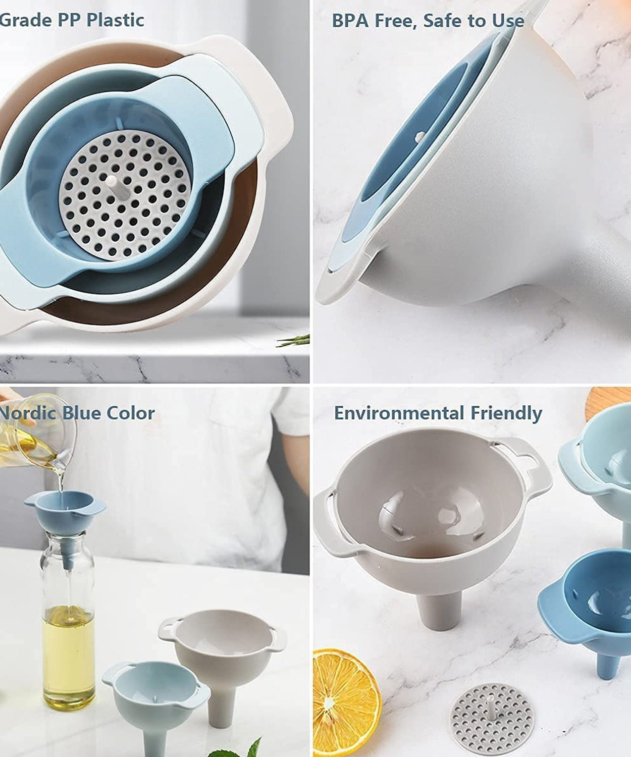 3 in 1 Kitchen Funnel Set of 3, Funnel for Filling Bottle, Small Canning Funnel with Handle, Food Grade Plastic Funnel with Detachable Strainer Filter for Liquid, Dry Ingredients, and Powder